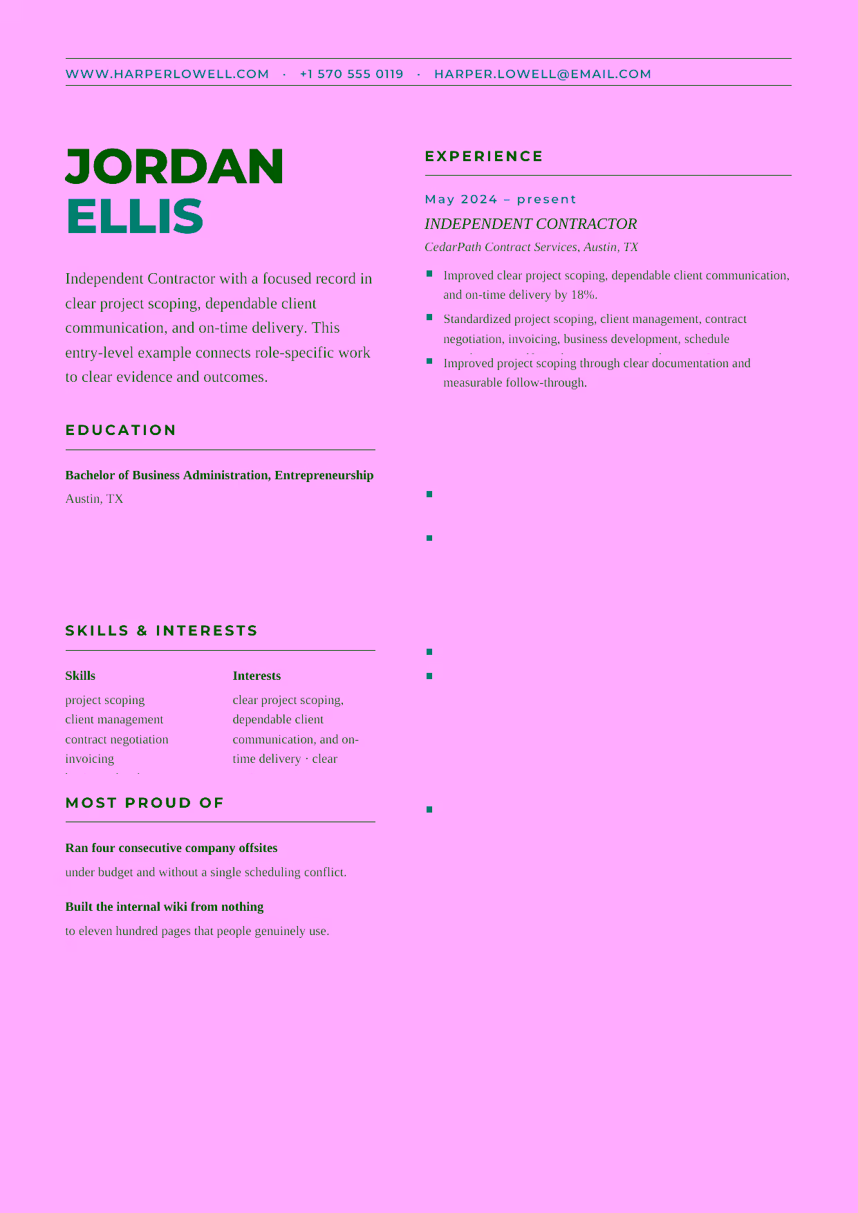 Entry-level Independent Contractor resume example in the Bootes template focused on clear project scoping, dependable client communication, and on-time delivery.