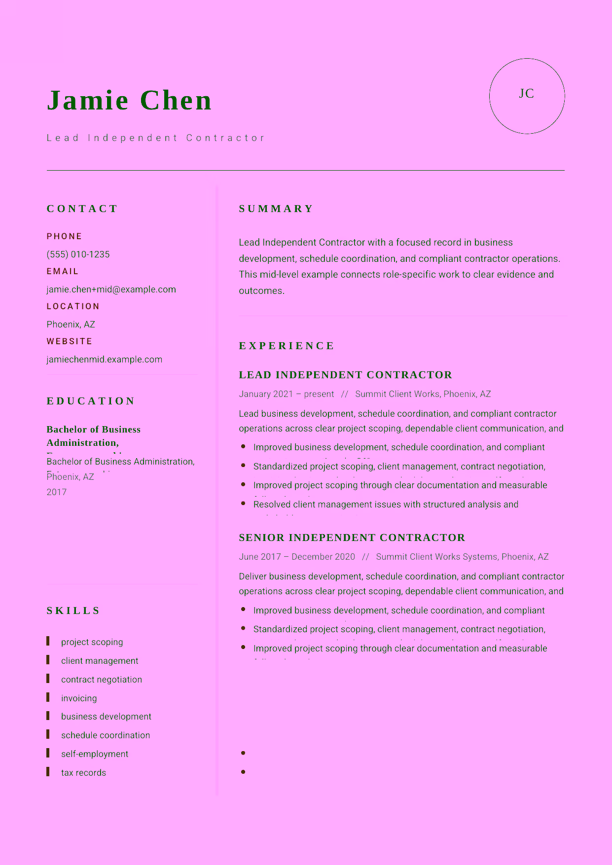Mid-level Lead Independent Contractor resume example in the Grus template focused on contract negotiation, invoicing discipline, and repeat-client relationships.
