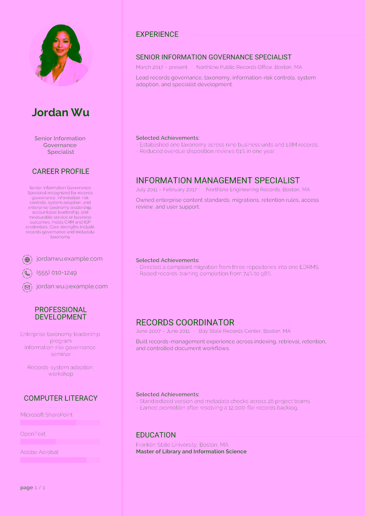 Advanced Senior Information Governance Specialist resume example in the Synnove template focused on records governance, information-risk controls, system adoption, and enterprise taxonomy leadership.