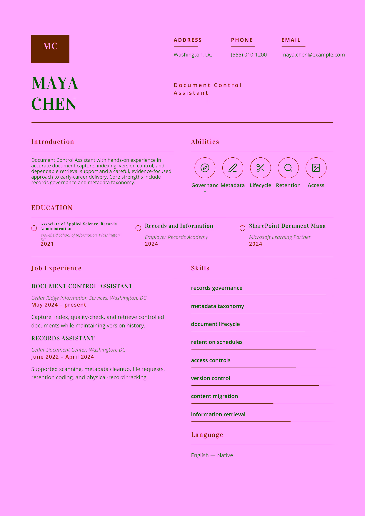 Entry-level Document Control Assistant resume example in the Delphinus template focused on accurate document capture, indexing, version control, and dependable retrieval support.