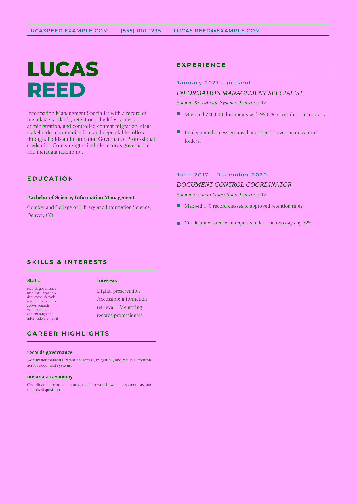 Mid-level Information Management Specialist resume example in the Bootes template focused on metadata standards, retention schedules, access administration, and controlled content migration.