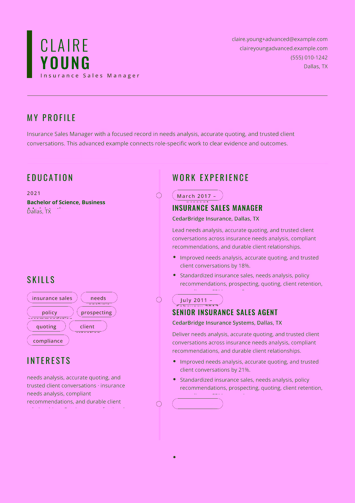 Advanced Insurance Sales Manager resume example in the Caelum template focused on sales coaching, compliant growth, and agency performance leadership.