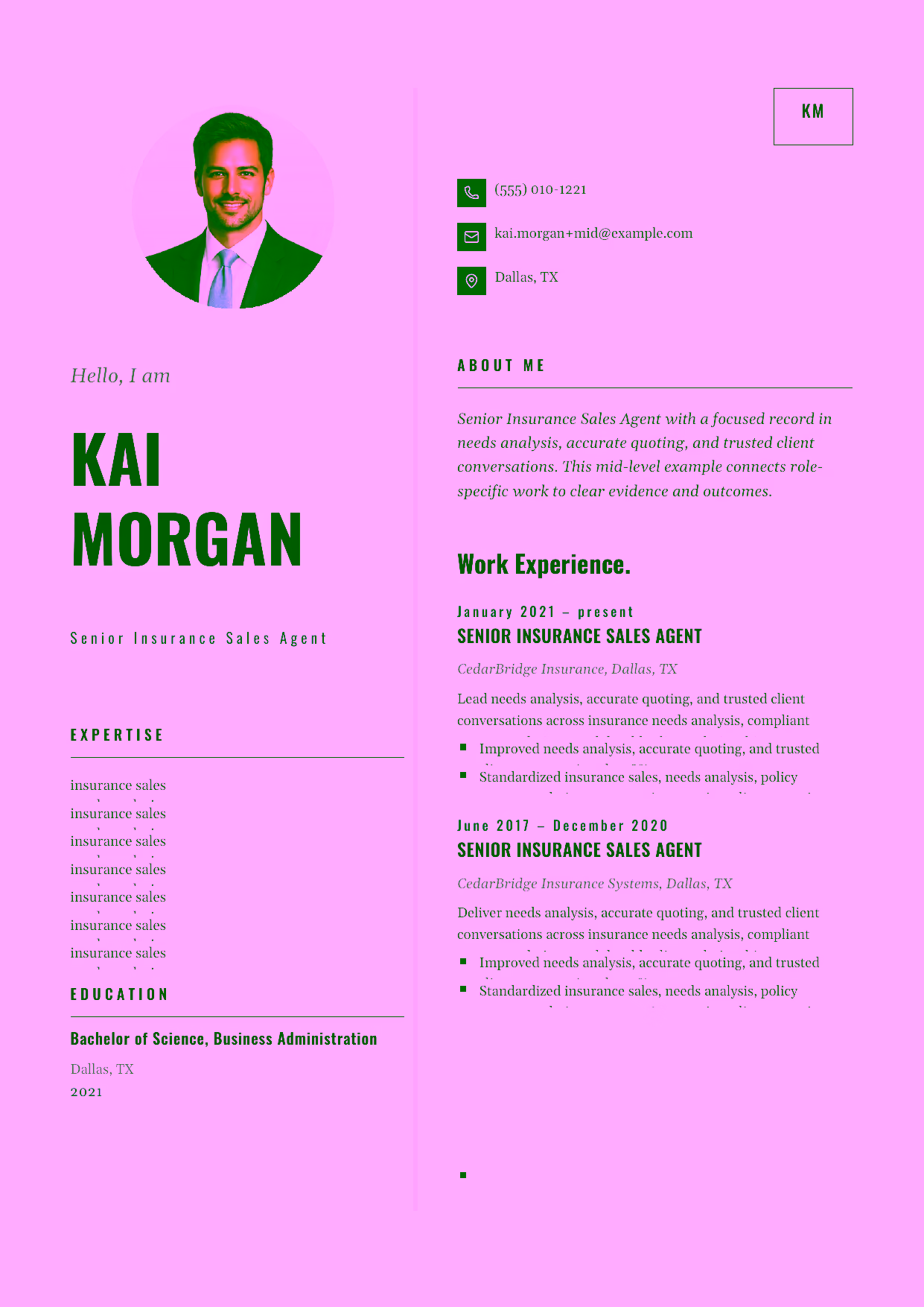 Mid-level Senior Insurance Sales Agent resume example in the Equuleus template focused on prospecting, policy recommendations, and retention follow-through.