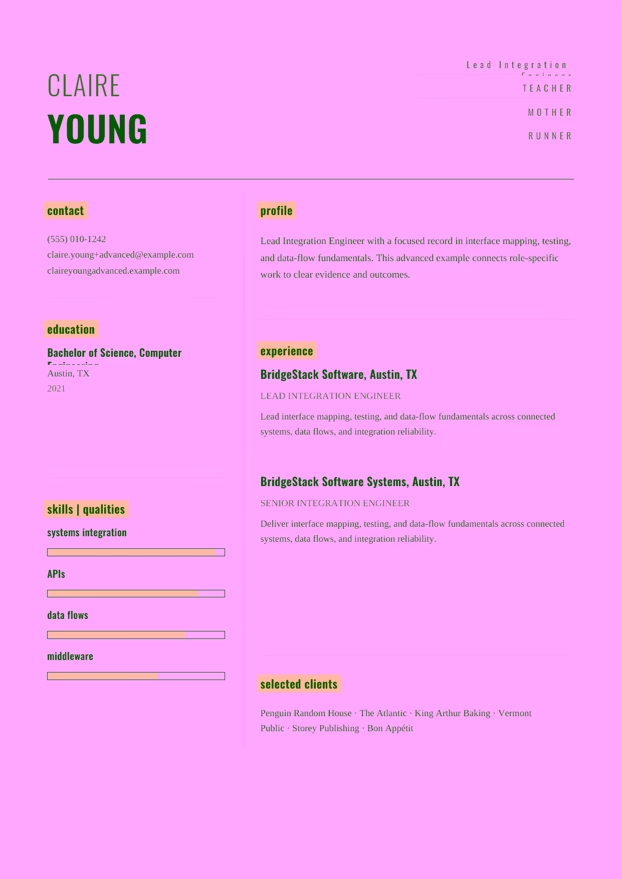 Advanced Lead Integration Engineer resume example in the Dorado template focused on integration architecture, reliability, and technical leadership.