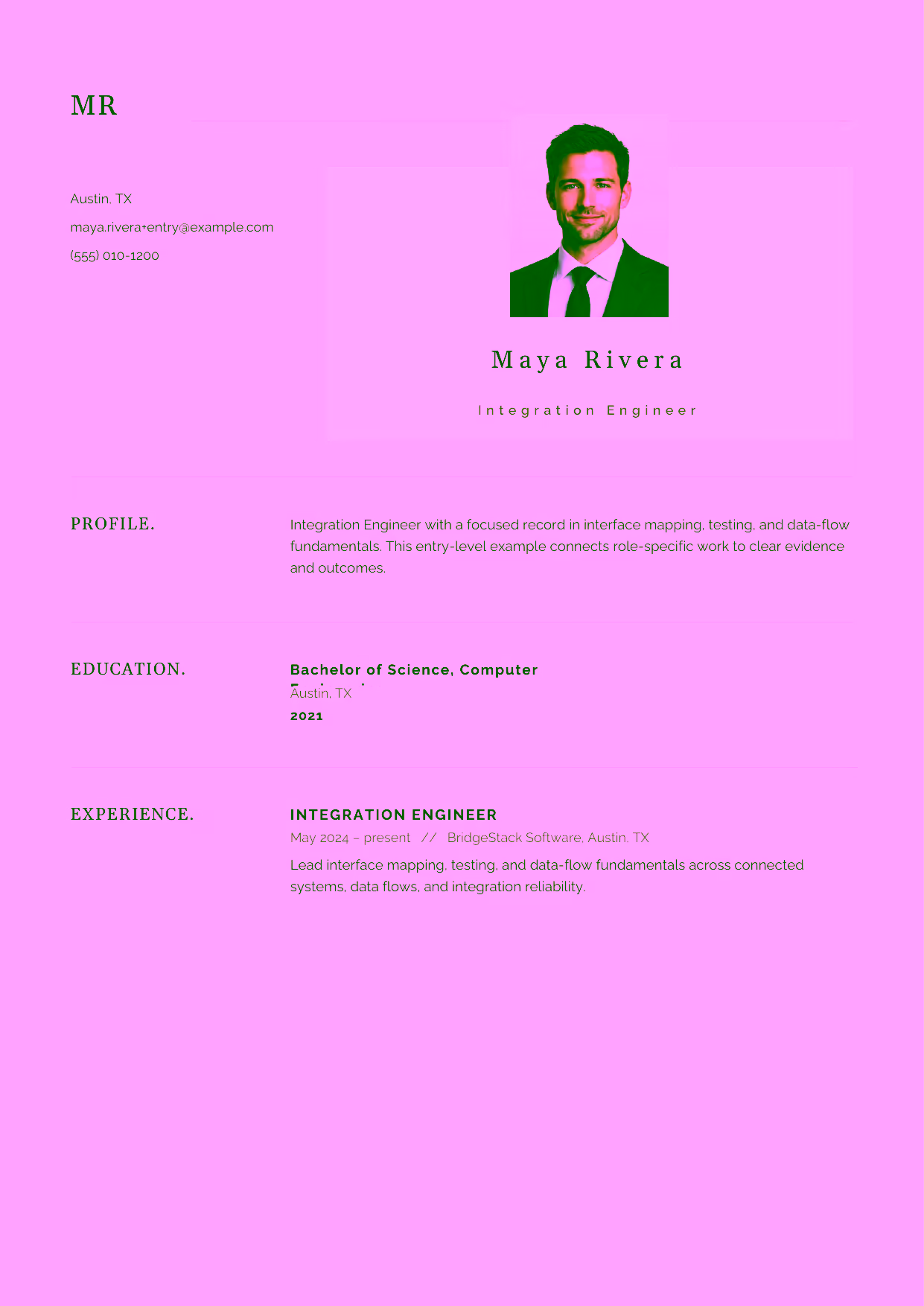 Entry-level Integration Engineer resume example in the Norma template focused on interface mapping, testing, and data-flow fundamentals.