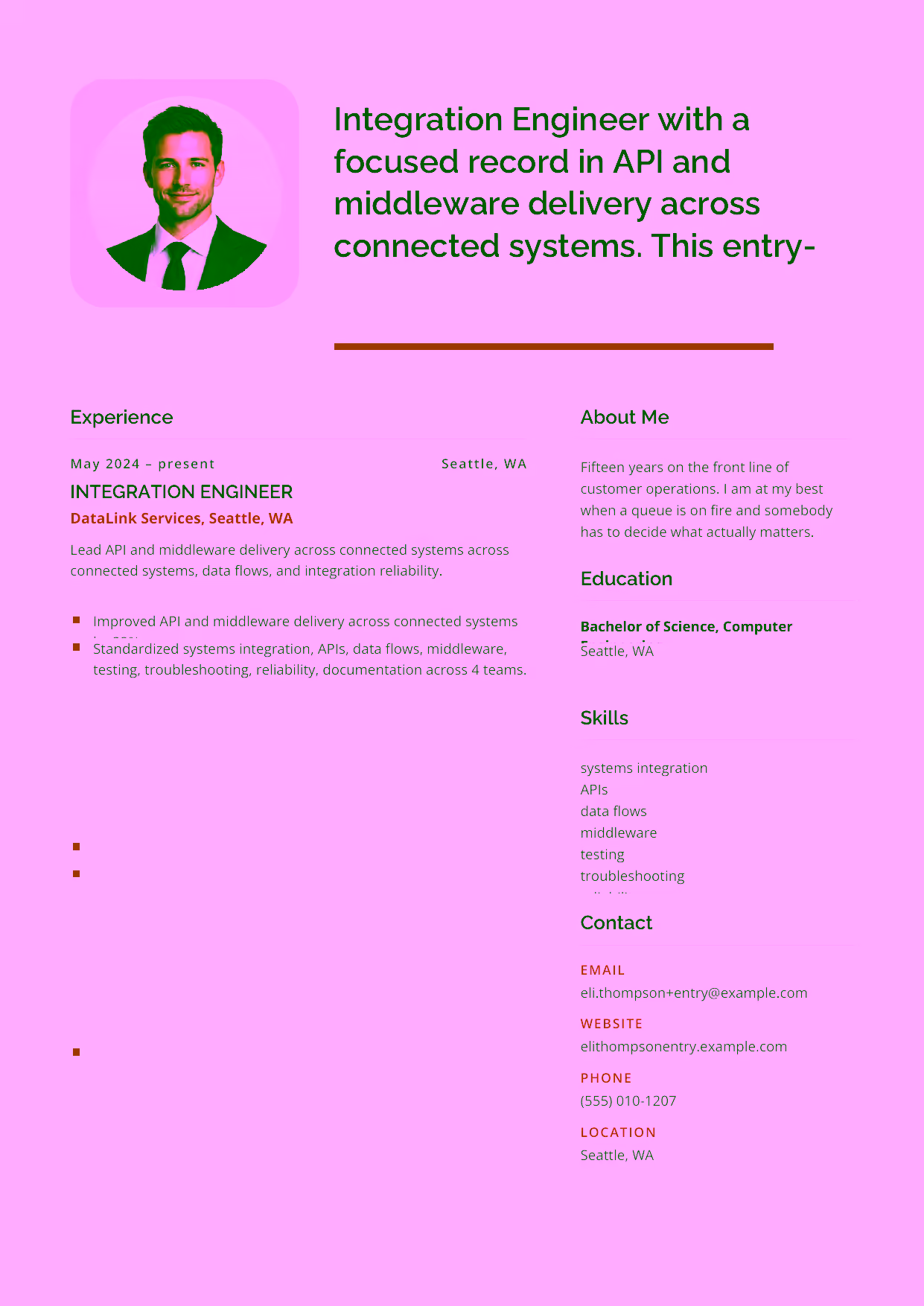 Entry-level Integration Engineer resume example in the Andromeda template focused on interface mapping, testing, and data-flow fundamentals.