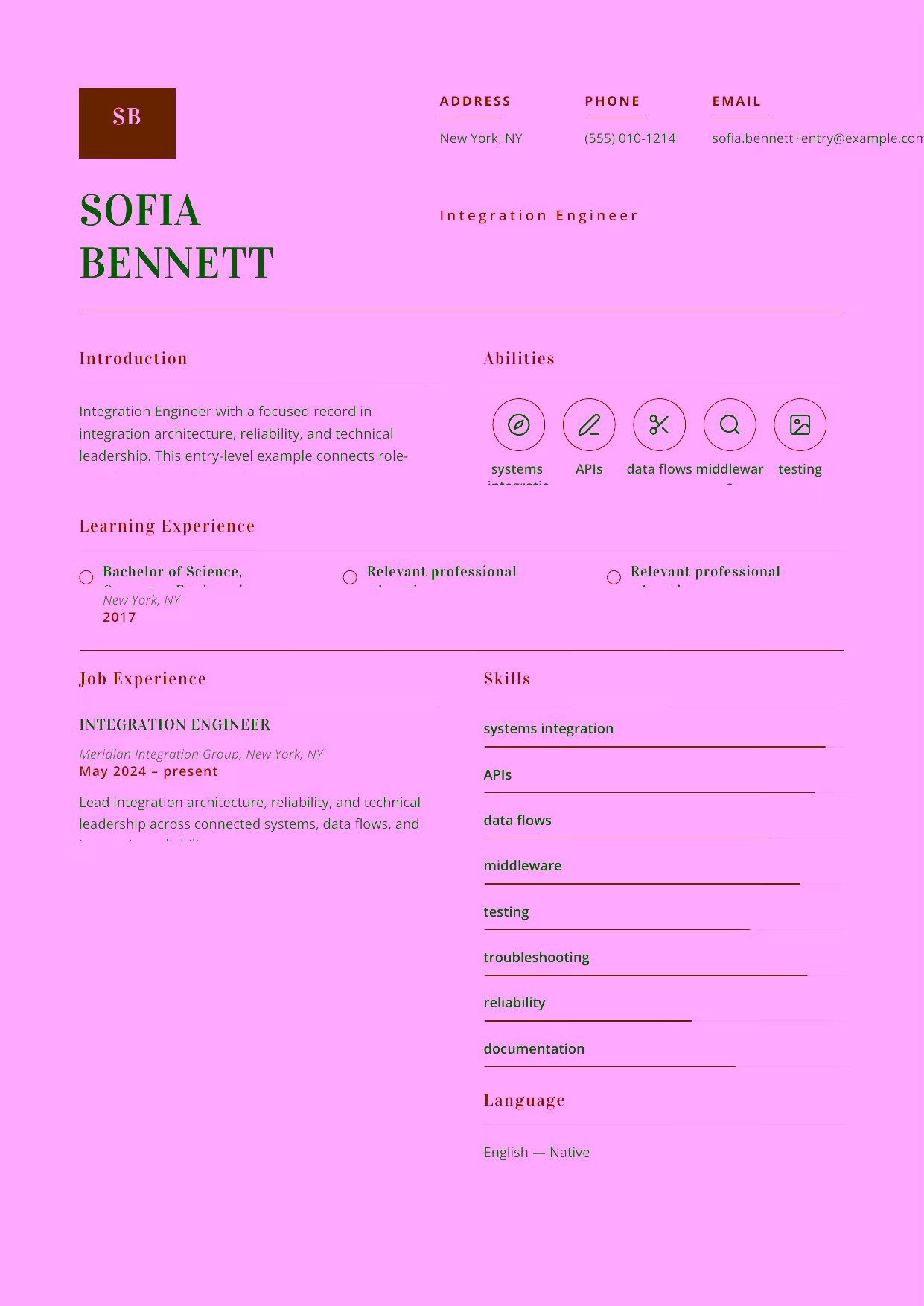 Entry-level Integration Engineer resume example in the Delphinus template focused on interface mapping, testing, and data-flow fundamentals.