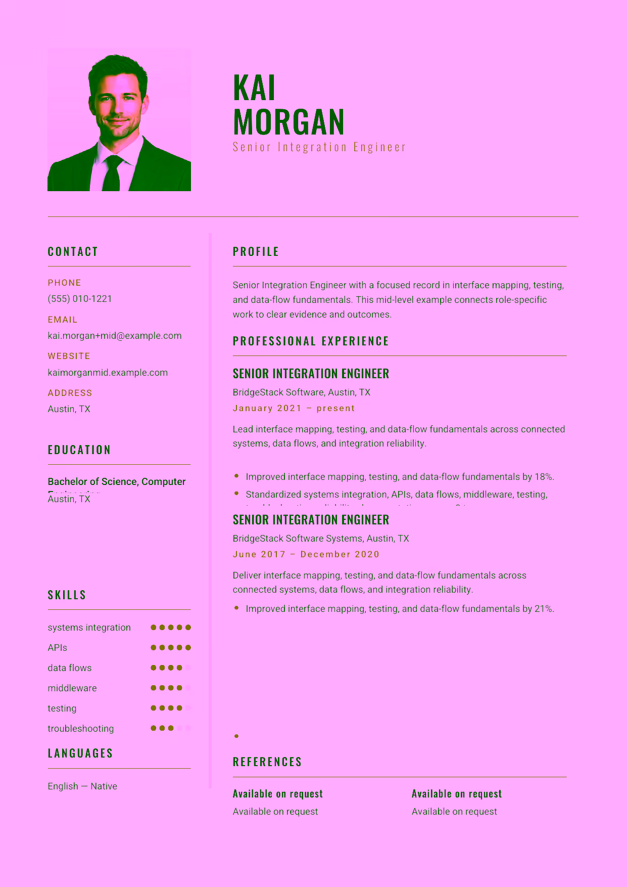 Mid-level Senior Integration Engineer resume example in the Acamar template focused on API and middleware delivery across connected systems.