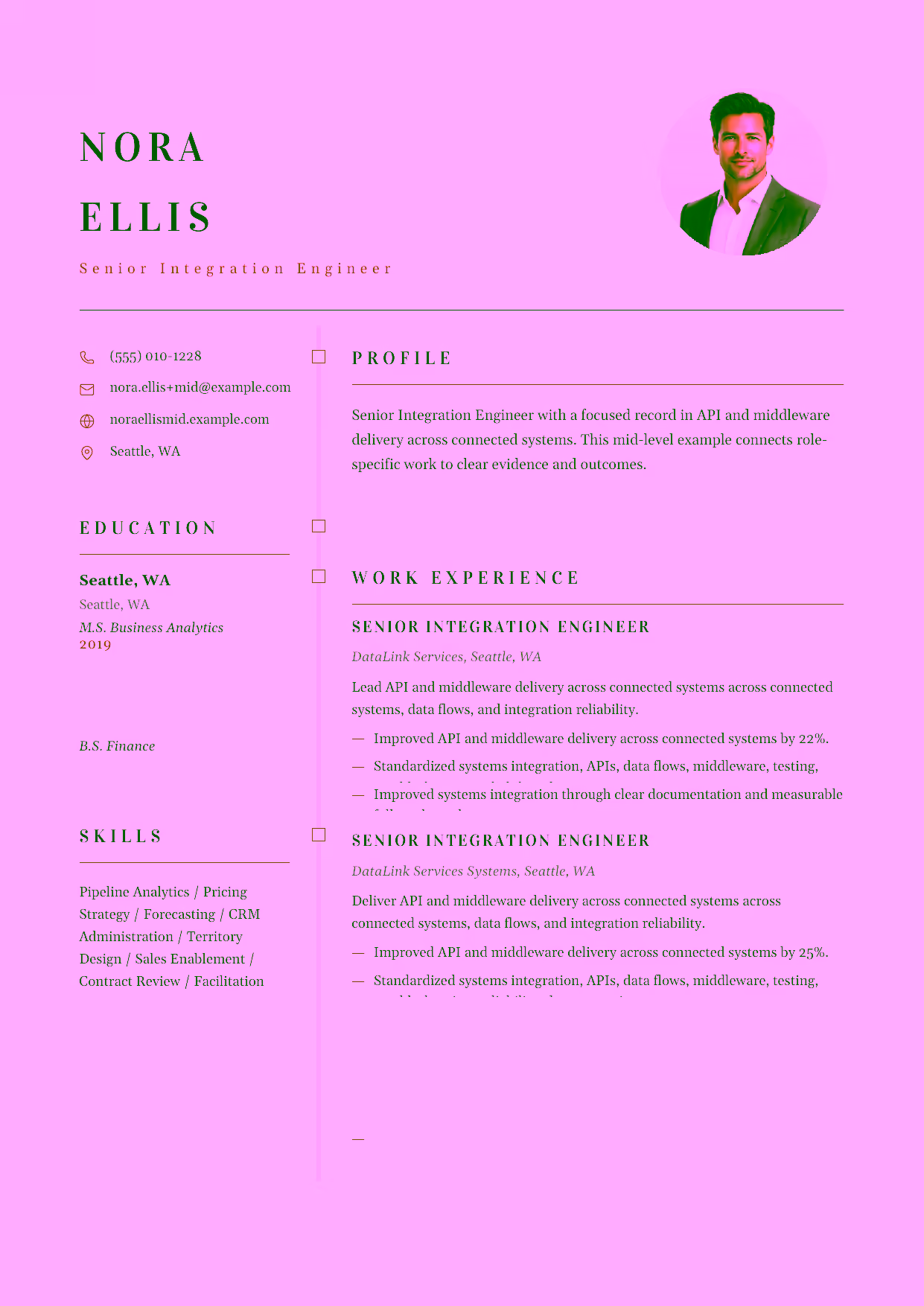Mid-level Senior Integration Engineer resume example in the Draco template focused on API and middleware delivery across connected systems.