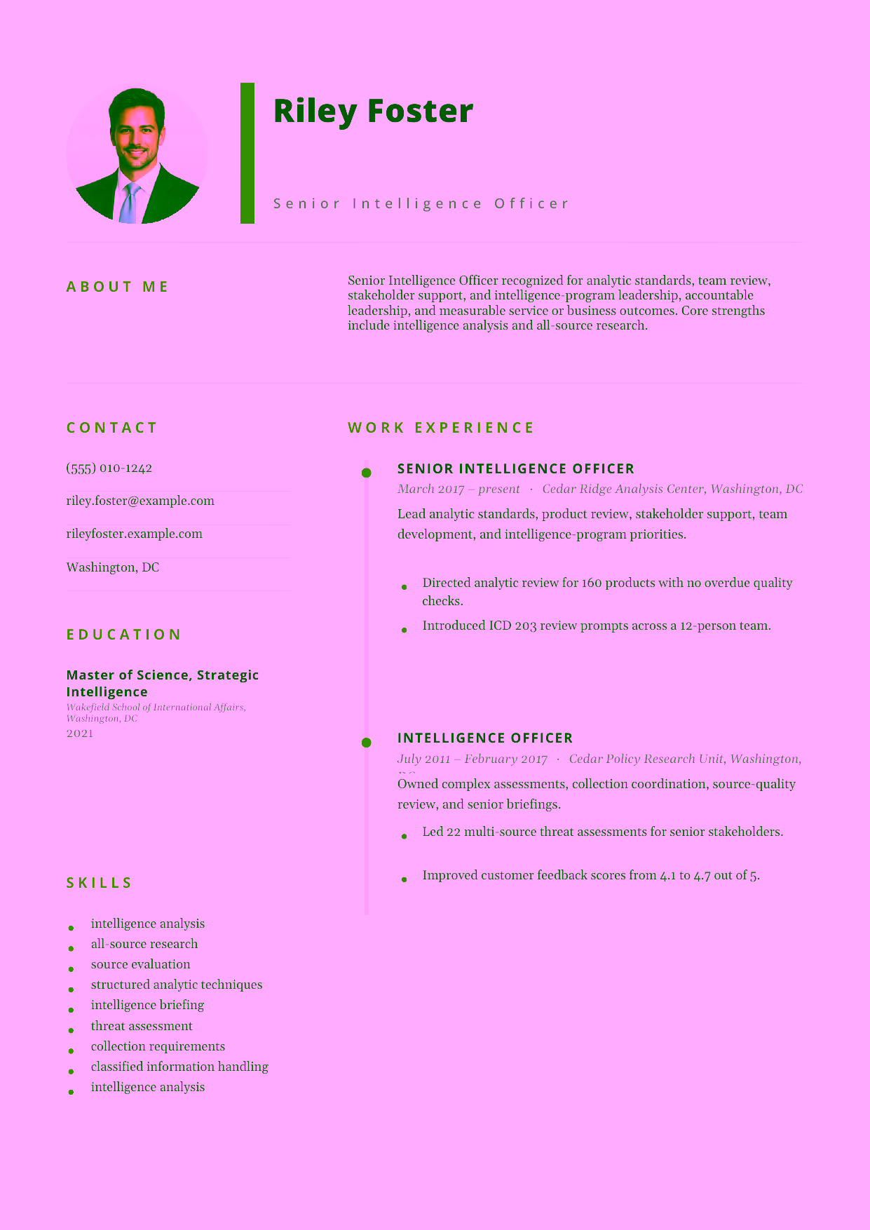 Advanced Senior Intelligence Officer resume example in the Pegasus template focused on analytic standards, team review, stakeholder support, and intelligence-program leadership.
