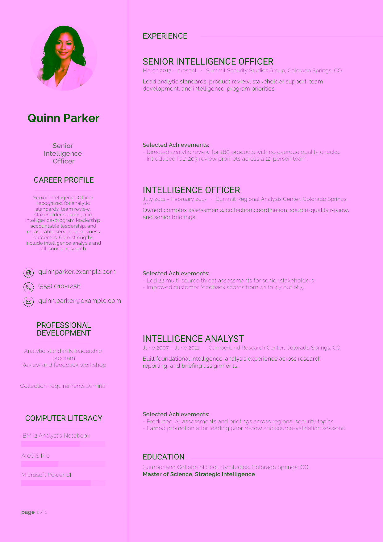 Advanced Senior Intelligence Officer resume example in the Synnove template focused on analytic standards, team review, stakeholder support, and intelligence-program leadership.