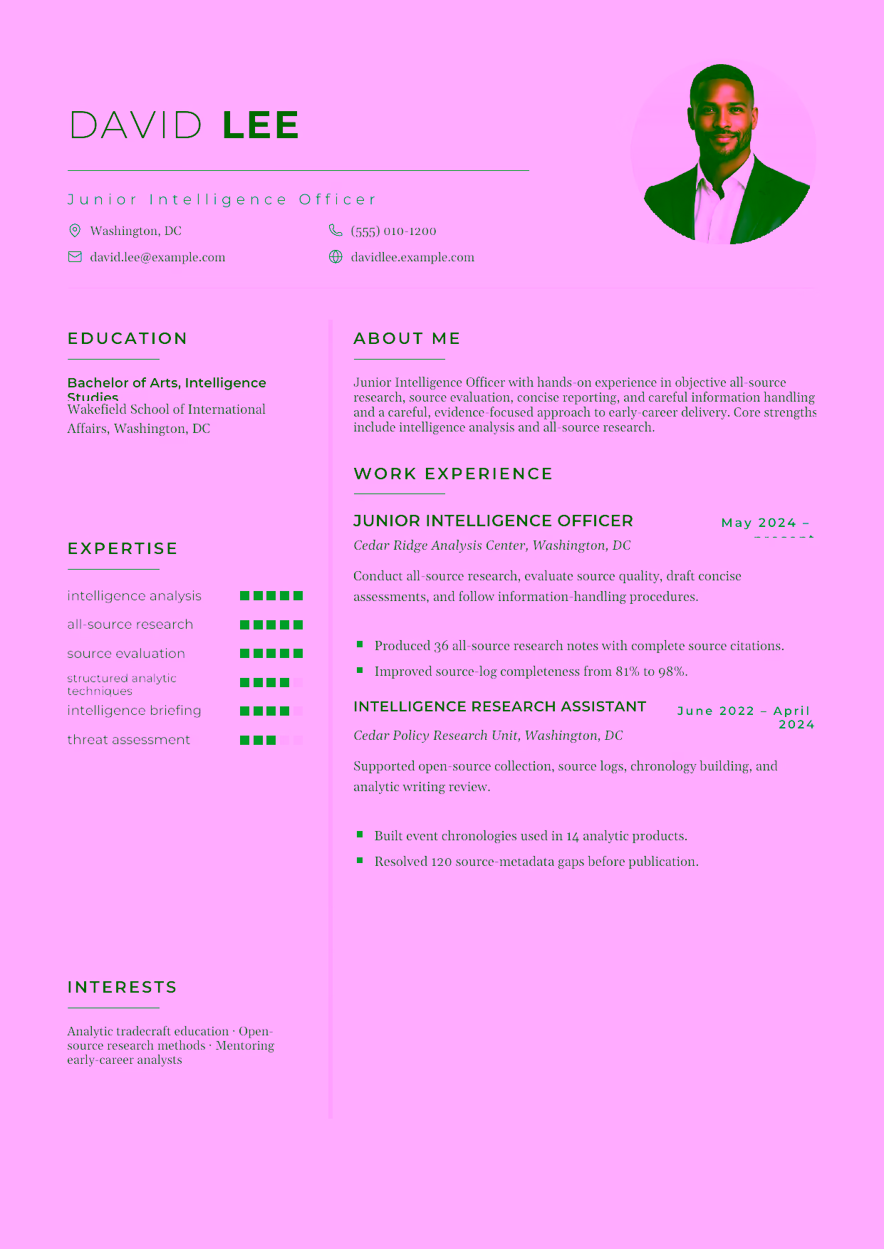 Entry-level Junior Intelligence Officer resume example in the Achernar template focused on objective all-source research, source evaluation, concise reporting, and careful information handling.