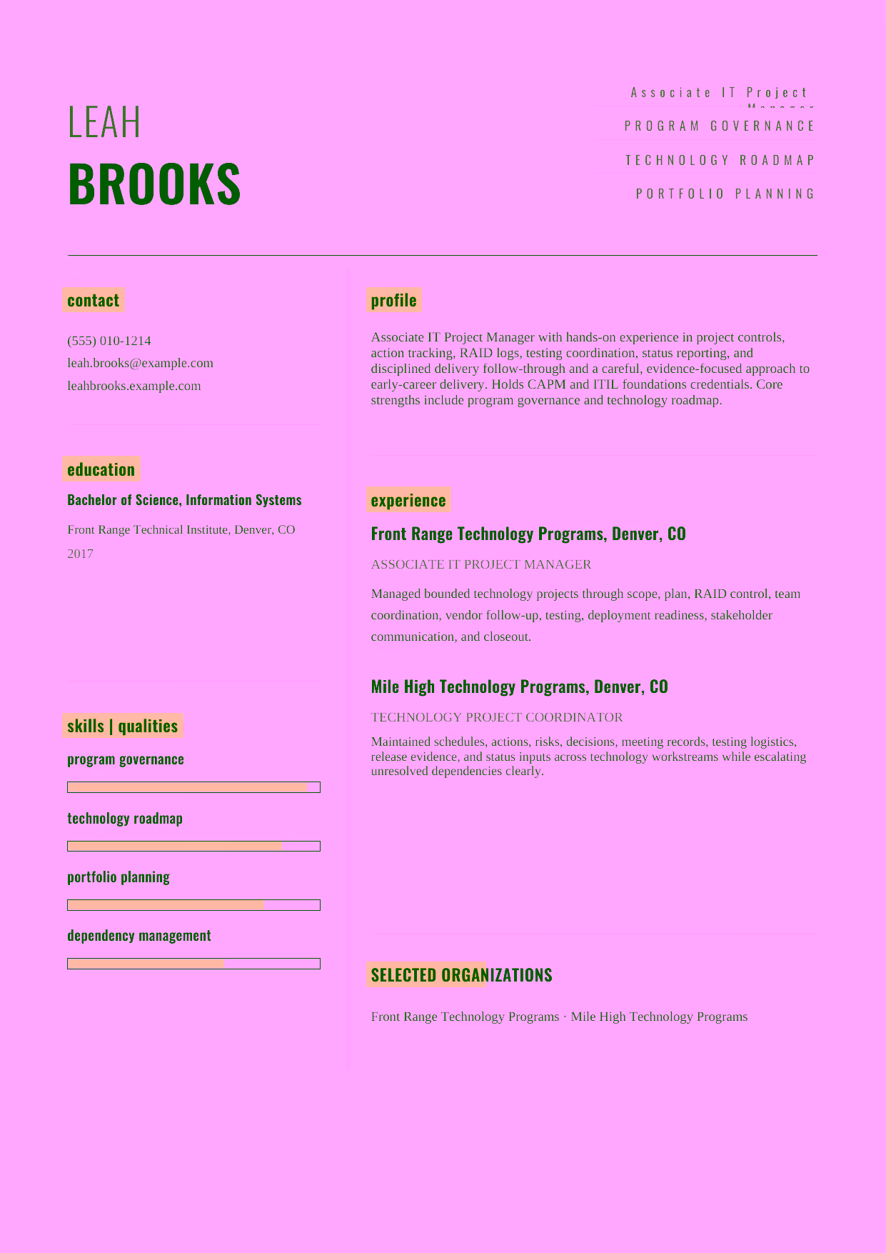 Entry-level Associate IT Project Manager resume example in the Dorado template focused on project controls, action tracking, RAID logs, testing coordination, status reporting, and disciplined delivery follow-through.