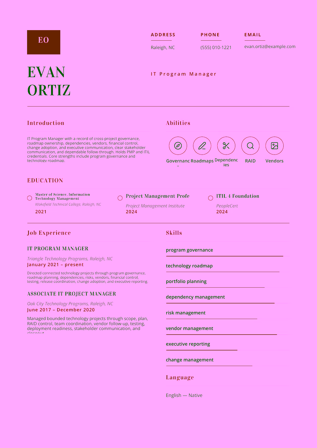 Mid-level IT Program Manager resume example in the Delphinus template focused on cross-project governance, roadmap ownership, dependencies, vendors, financial control, change adoption, and executive communication.