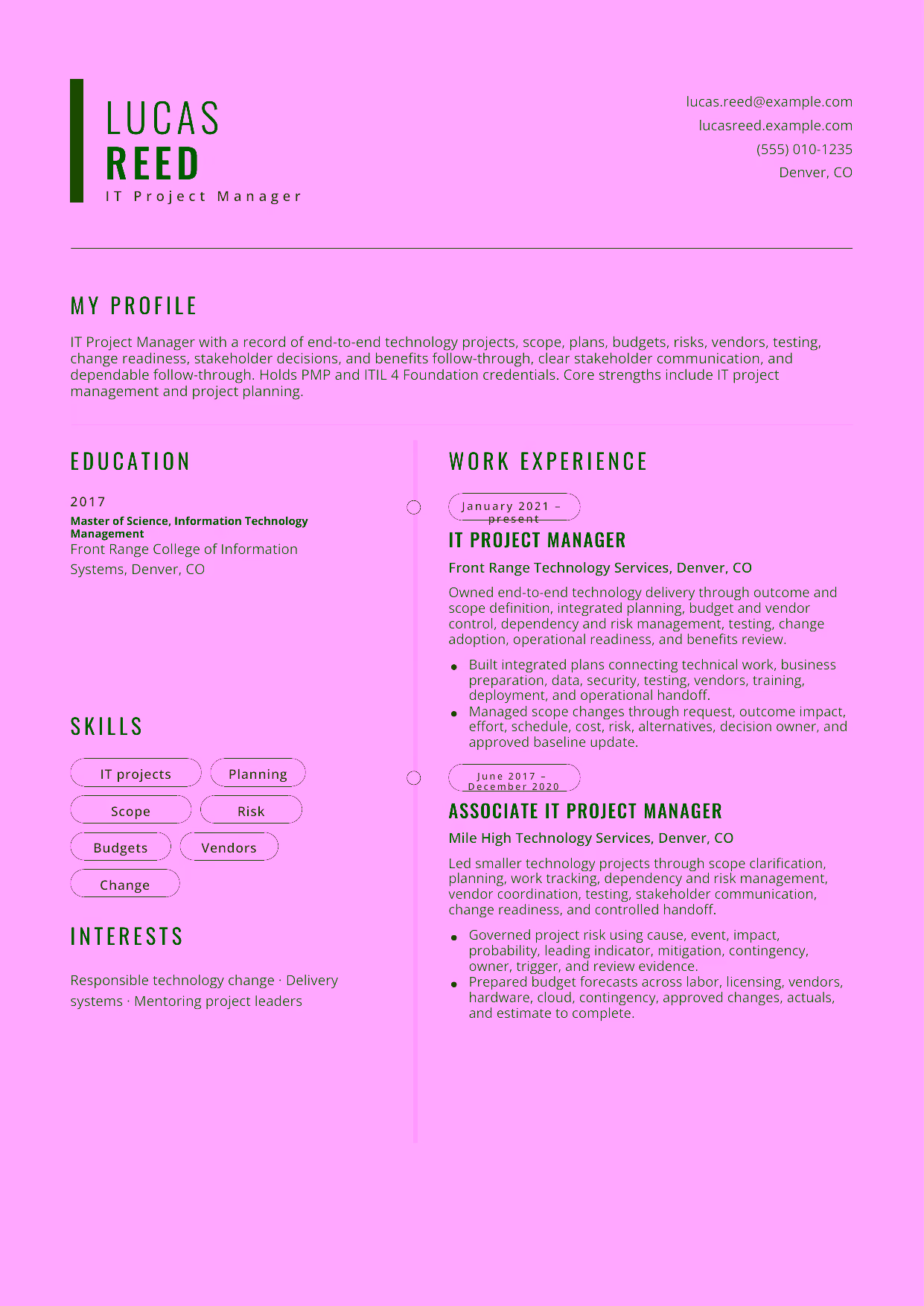 Mid-level IT Project Manager resume example in the Caelum template focused on end-to-end technology projects, scope, plans, budgets, risks, vendors, testing, change readiness, stakeholder decisions, and benefits follow-through.