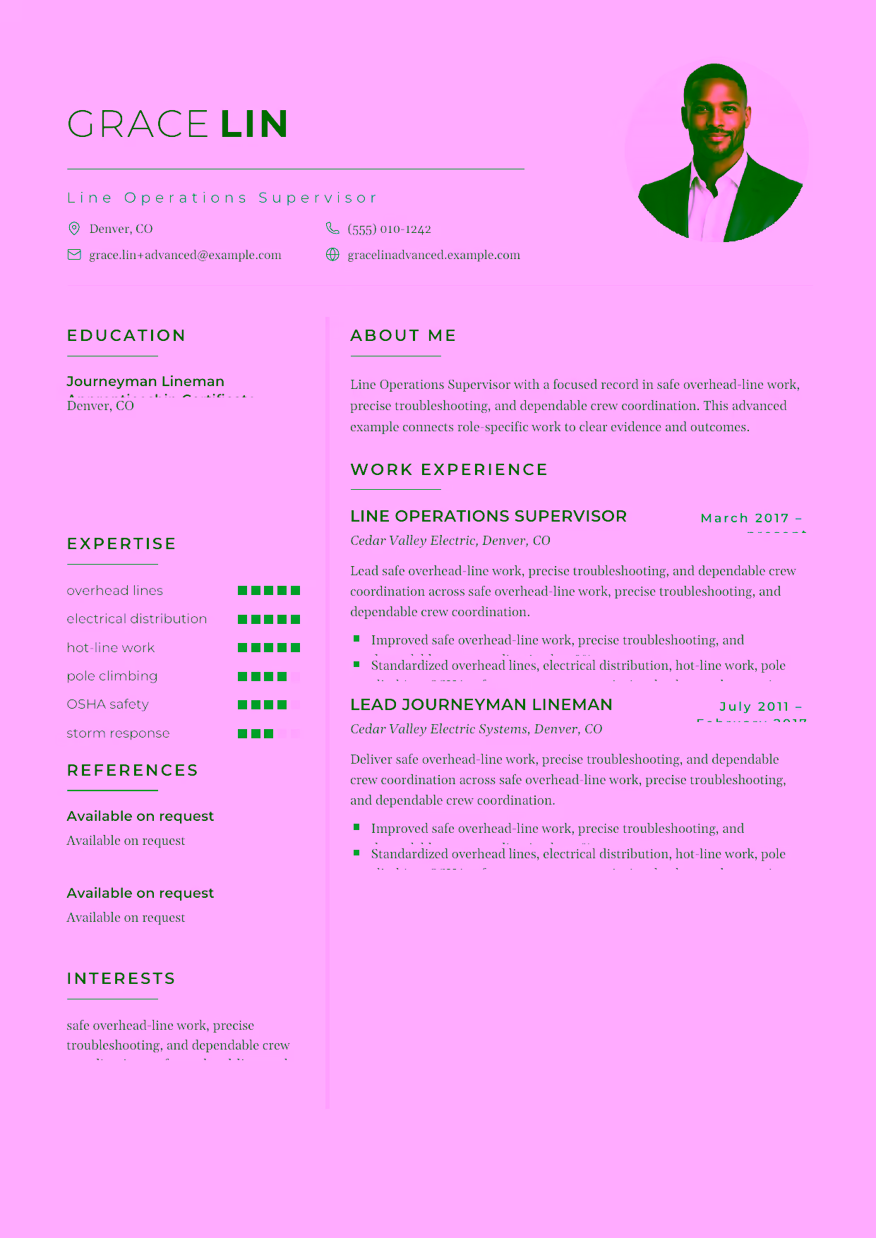 Advanced Line Operations Supervisor resume example in the Achernar template focused on distribution-crew leadership, safety coaching, and outage restoration planning.