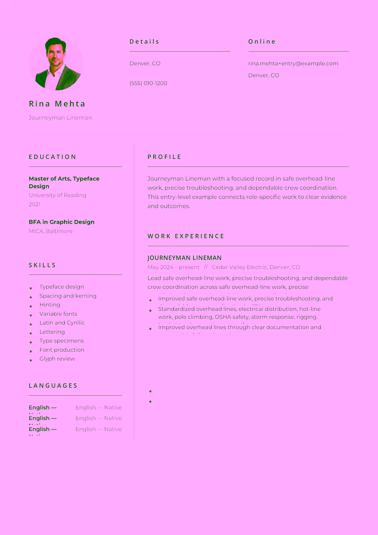 Entry-level Journeyman Lineman resume example in the Pictor template focused on safe overhead-line work, precise troubleshooting, and dependable crew coordination.