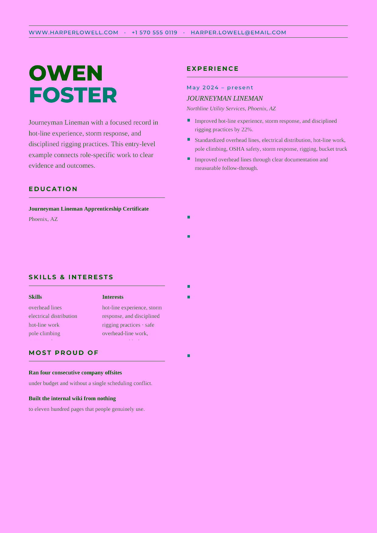 Entry-level Journeyman Lineman resume example in the Bootes template focused on safe overhead-line work, precise troubleshooting, and dependable crew coordination.