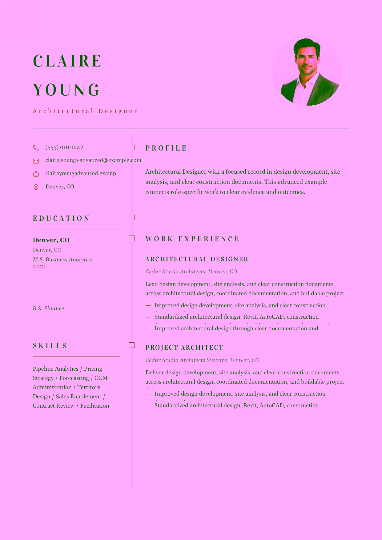 Advanced Architectural Designer resume example in the Draco template focused on project delivery, code review, and architectural team leadership.