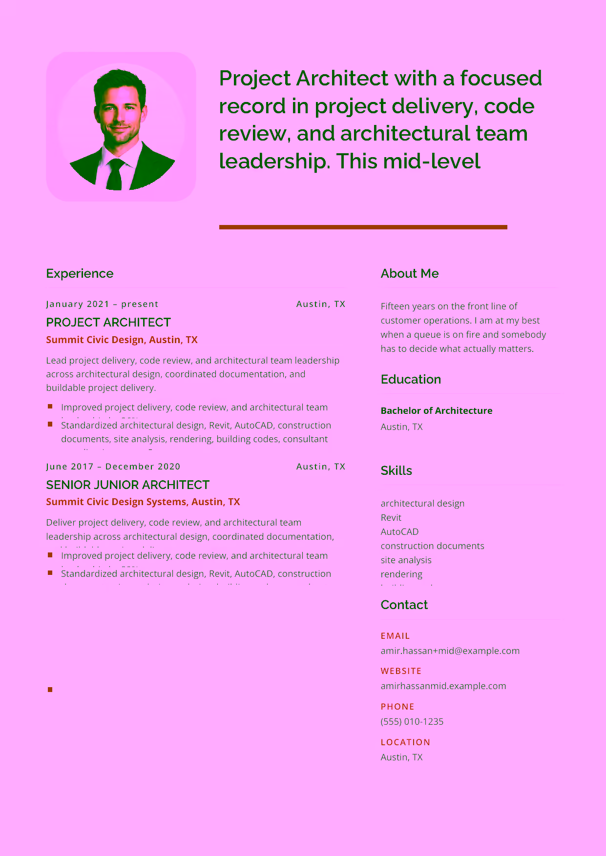 Mid-level Project Architect resume example in the Andromeda template focused on Revit coordination, consultant communication, and permit-ready drawing sets.