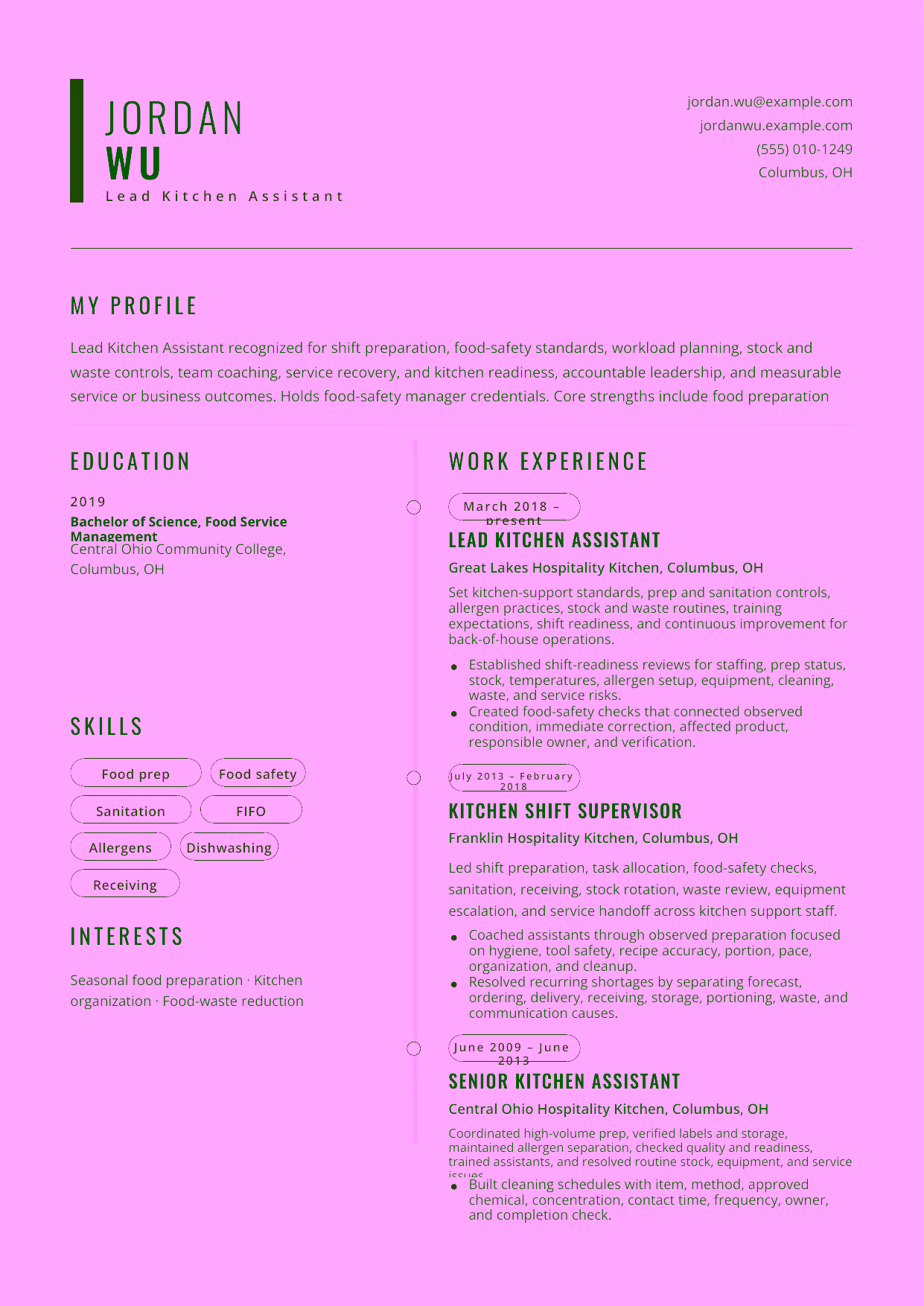 Advanced Lead Kitchen Assistant resume example in the Caelum template focused on shift preparation, food-safety standards, workload planning, stock and waste controls, team coaching, service recovery, and kitchen readiness.
