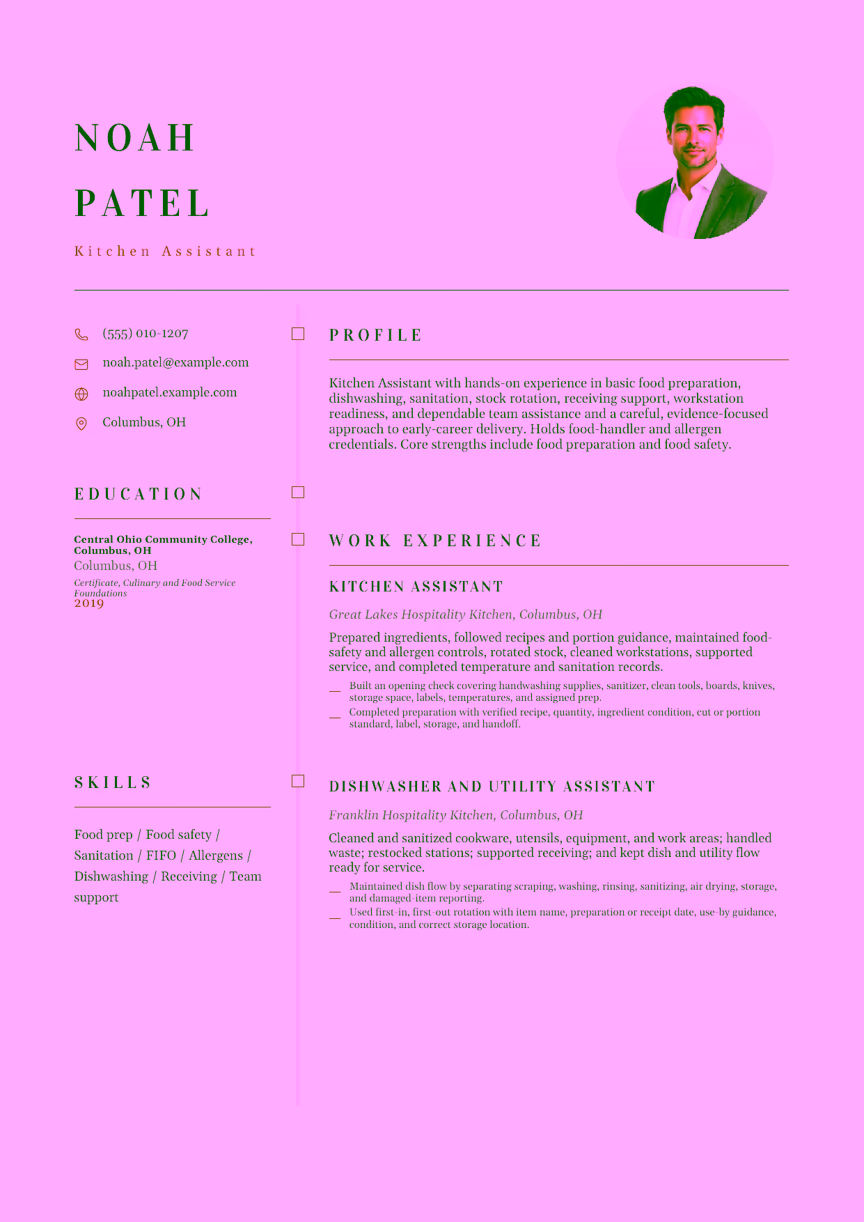 Entry-level Kitchen Assistant resume example in the Draco template focused on basic food preparation, dishwashing, sanitation, stock rotation, receiving support, workstation readiness, and dependable team assistance.