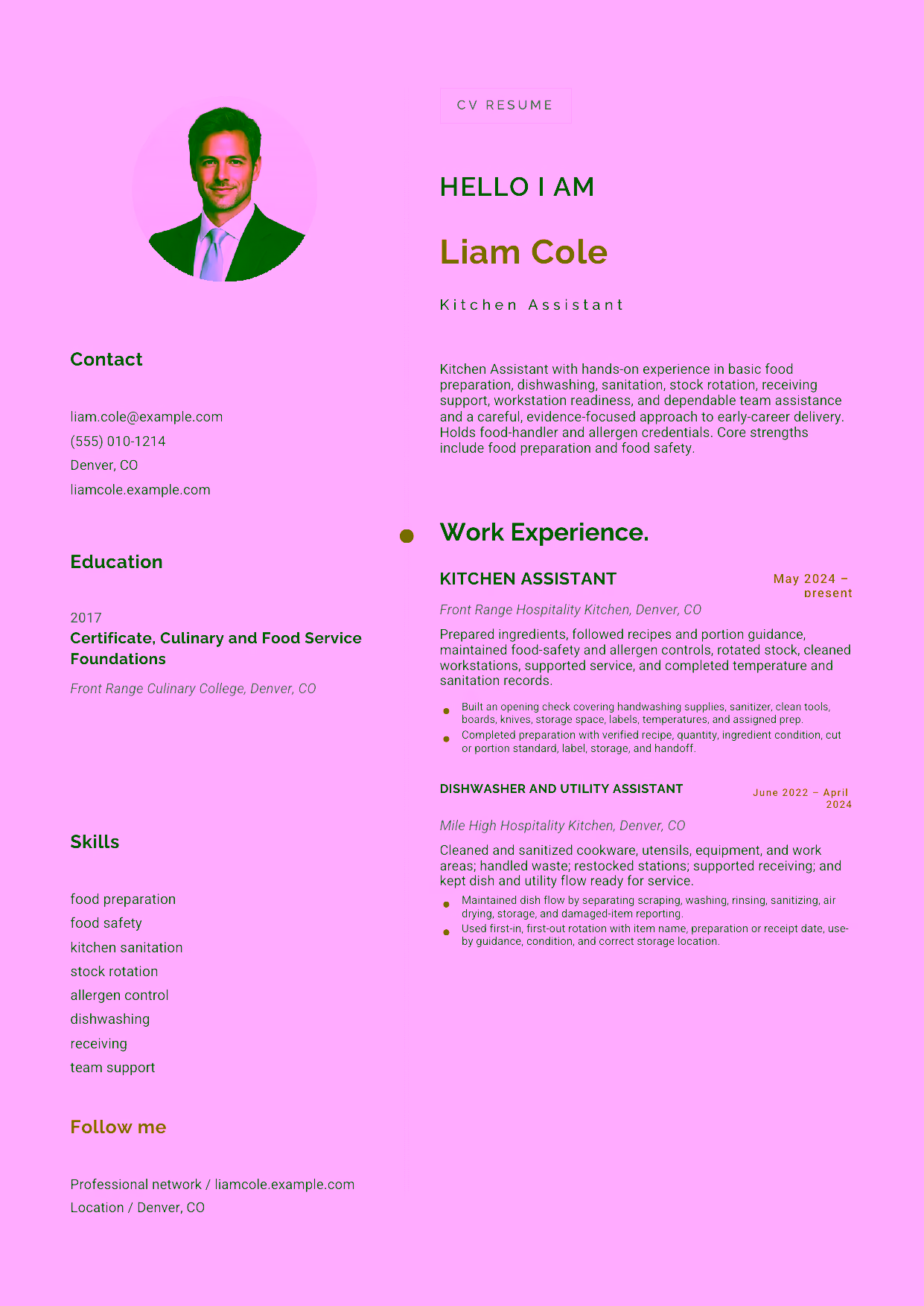 Entry-level Kitchen Assistant resume example in the Eridanus template focused on basic food preparation, dishwashing, sanitation, stock rotation, receiving support, workstation readiness, and dependable team assistance.