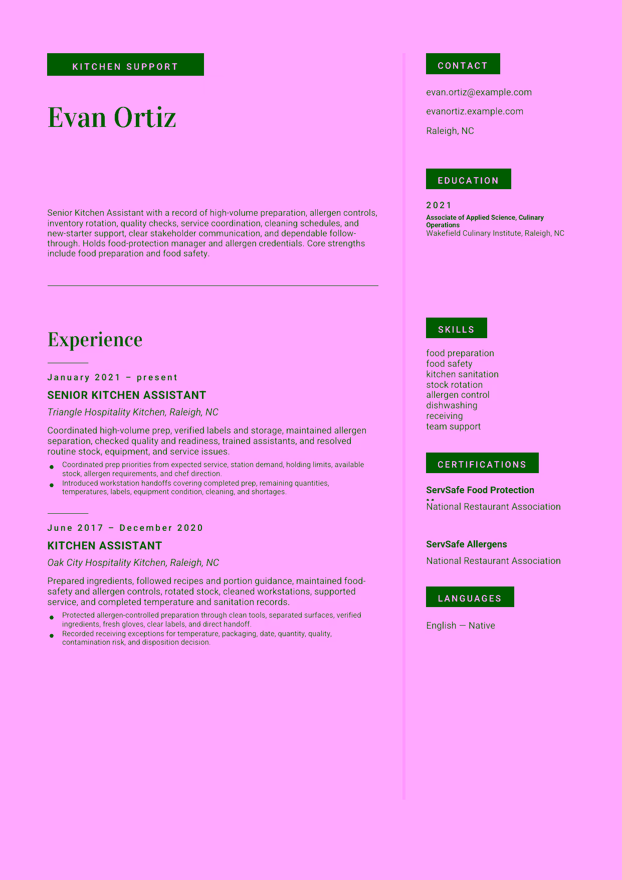 Mid-level Senior Kitchen Assistant resume example in the Aquila template focused on high-volume preparation, allergen controls, inventory rotation, quality checks, service coordination, cleaning schedules, and new-starter support.