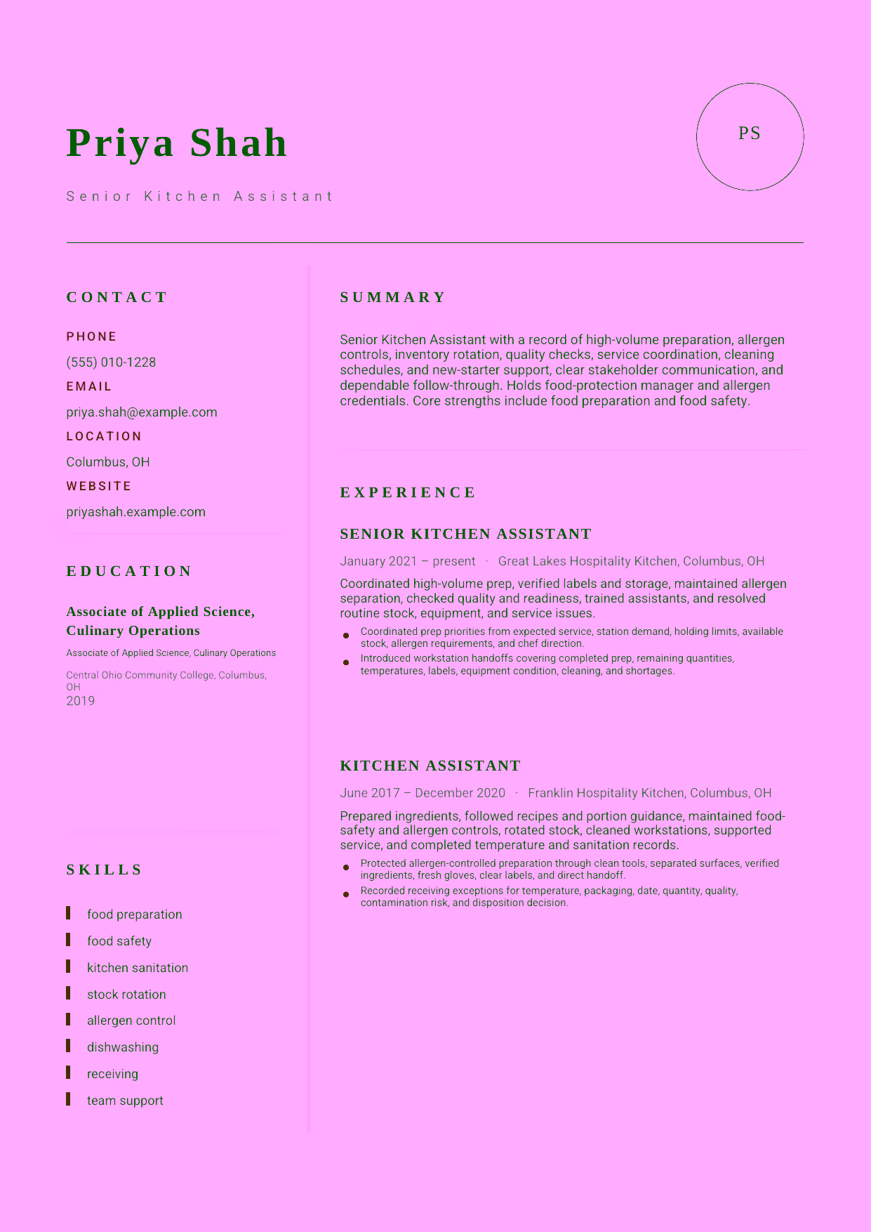 Mid-level Senior Kitchen Assistant resume example in the Grus template focused on high-volume preparation, allergen controls, inventory rotation, quality checks, service coordination, cleaning schedules, and new-starter support.