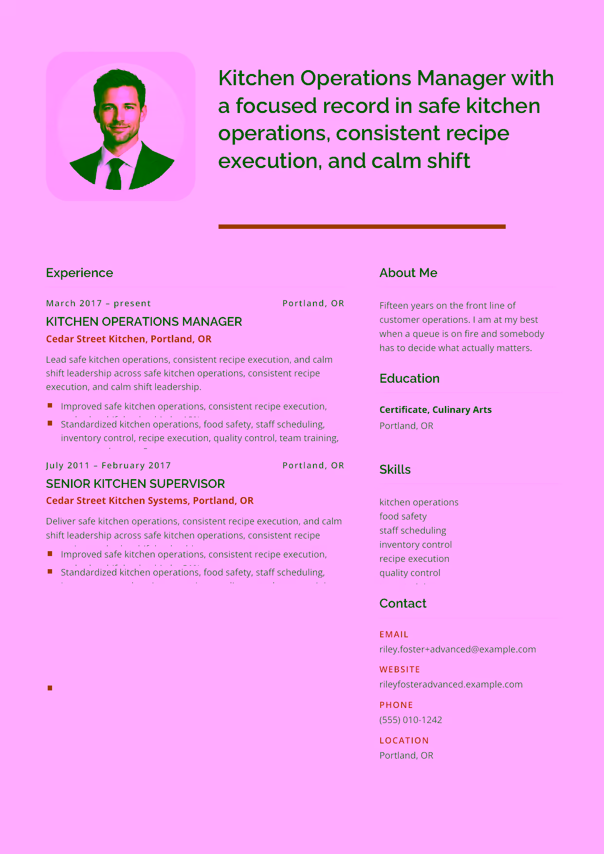Advanced Kitchen Operations Manager resume example in the Andromeda template focused on cost control, kitchen training systems, and high-volume operations leadership.