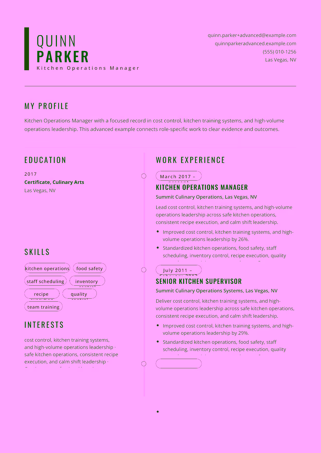 Advanced Kitchen Operations Manager resume example in the Caelum template focused on cost control, kitchen training systems, and high-volume operations leadership.