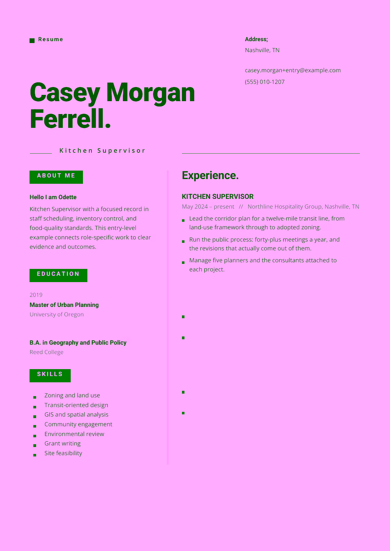 Entry-level Kitchen Supervisor resume example in the Indus template focused on safe kitchen operations, consistent recipe execution, and calm shift leadership.
