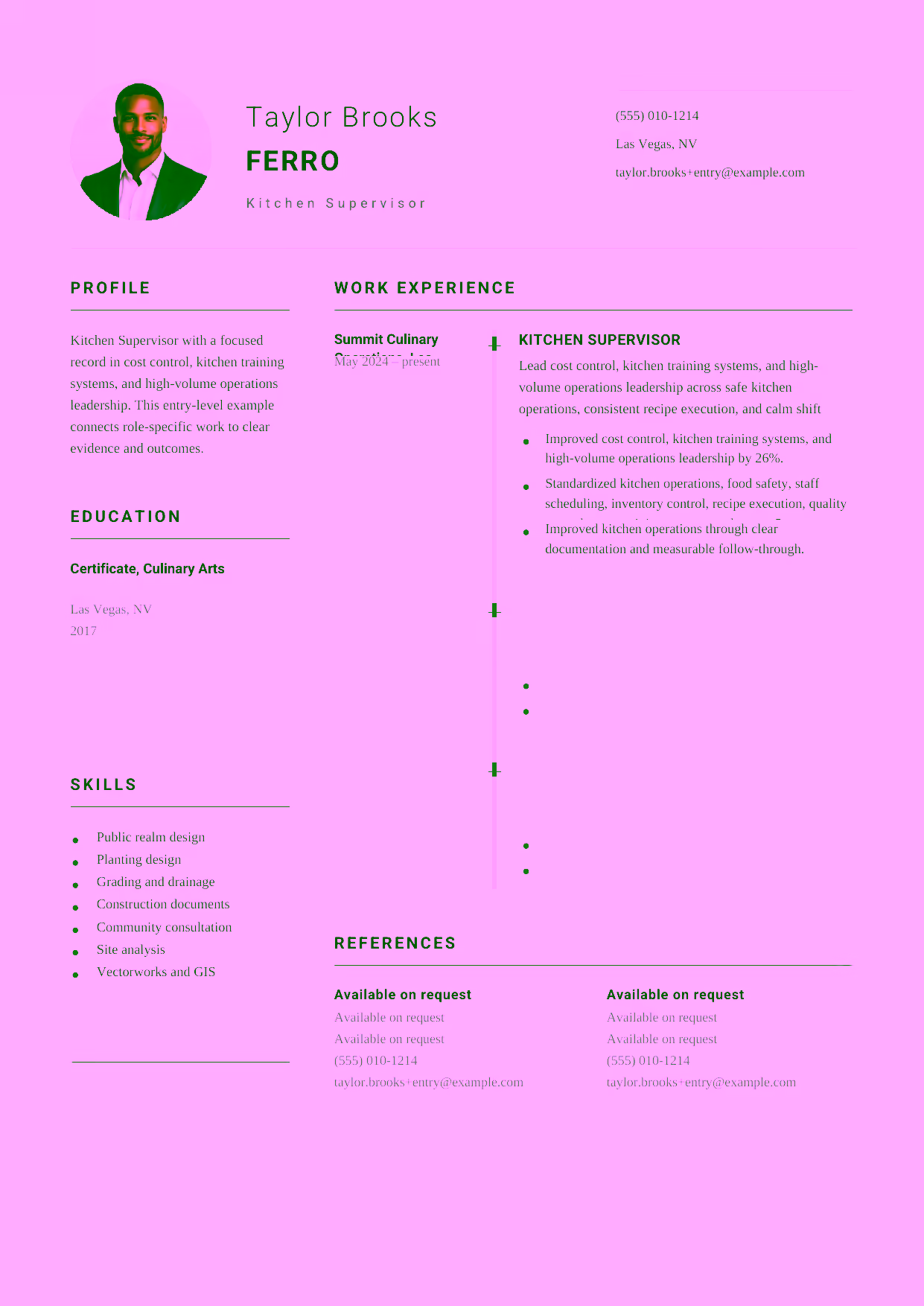 Entry-level Kitchen Supervisor resume example in the Puppis template focused on safe kitchen operations, consistent recipe execution, and calm shift leadership.