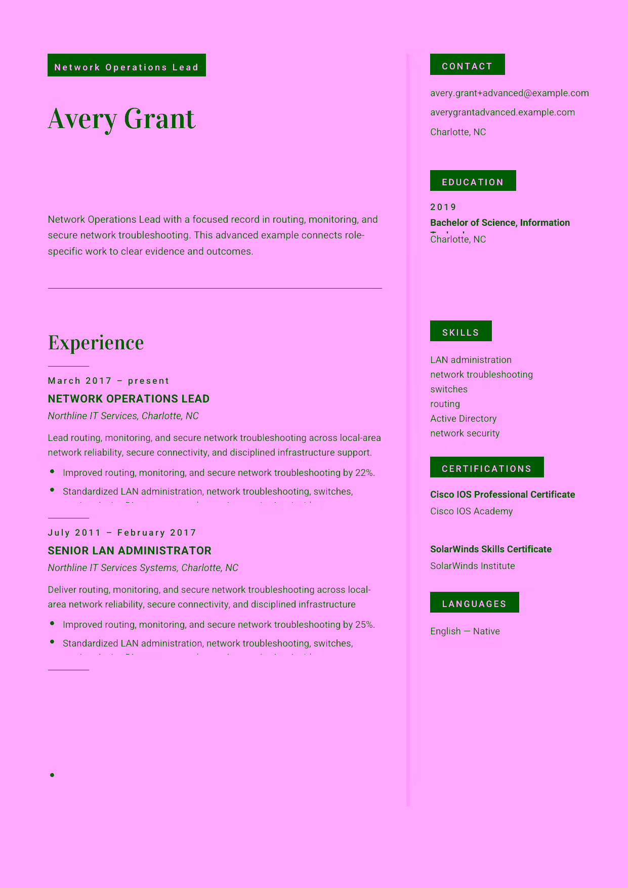 Advanced Network Operations Lead resume example in the Aquila template focused on network standards, incident response, and infrastructure-team leadership.