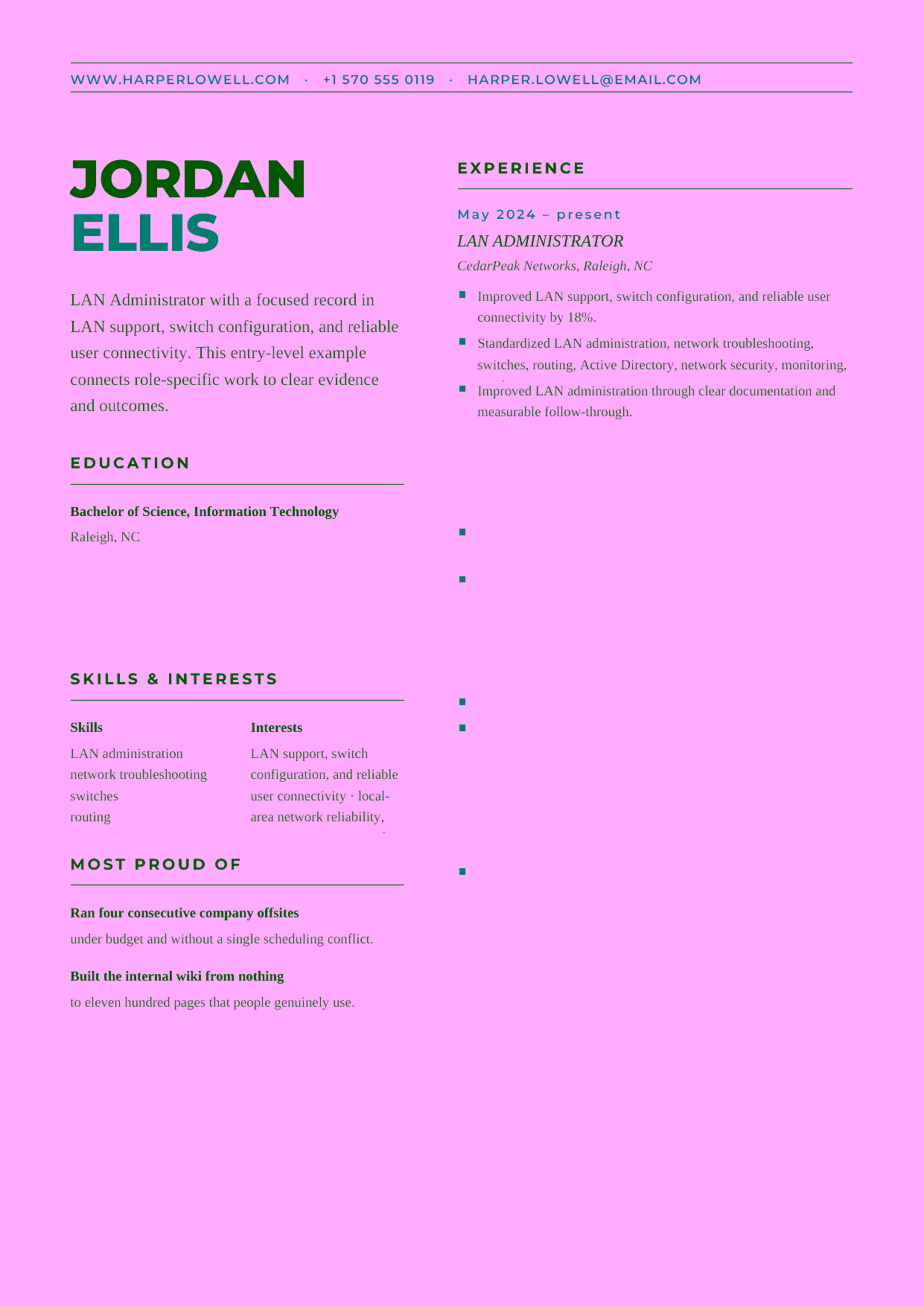 Entry-level LAN Administrator resume example in the Bootes template focused on LAN support, switch configuration, and reliable user connectivity.