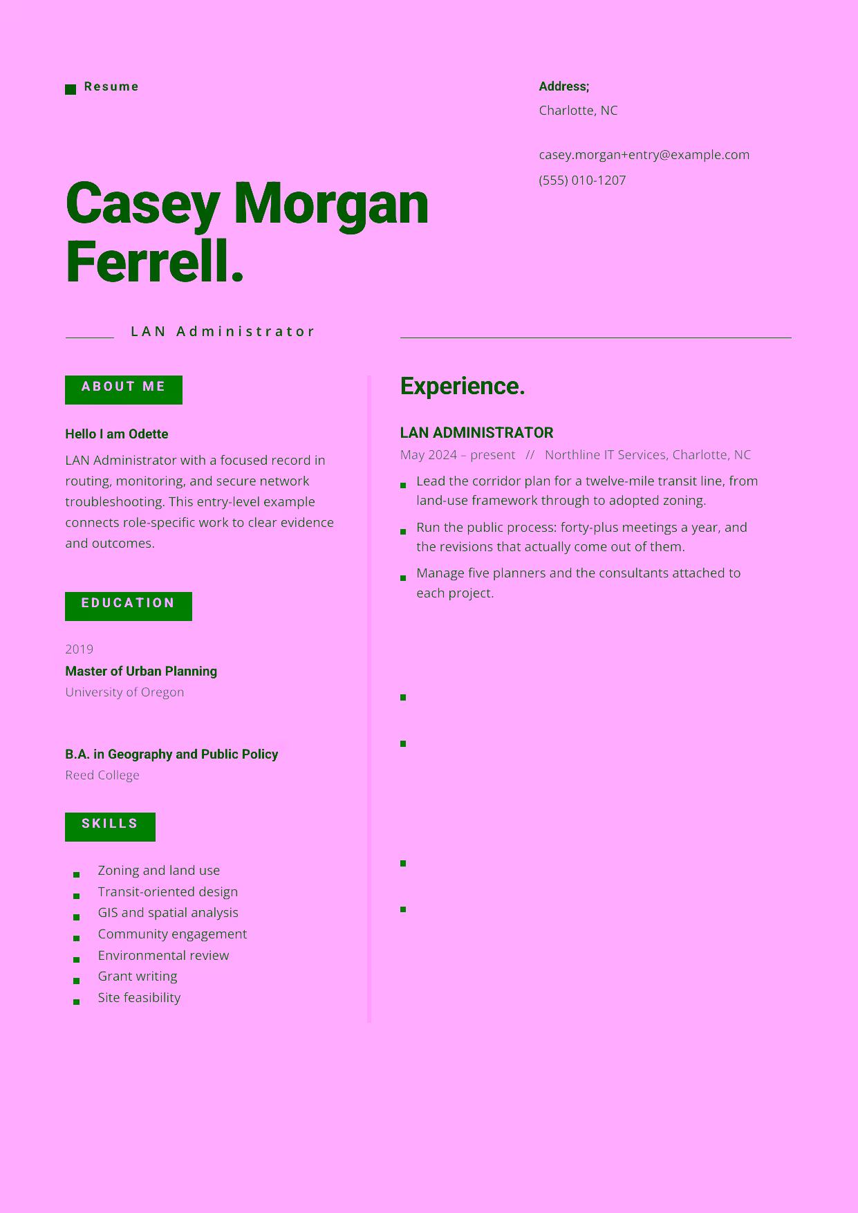 Entry-level LAN Administrator resume example in the Indus template focused on LAN support, switch configuration, and reliable user connectivity.