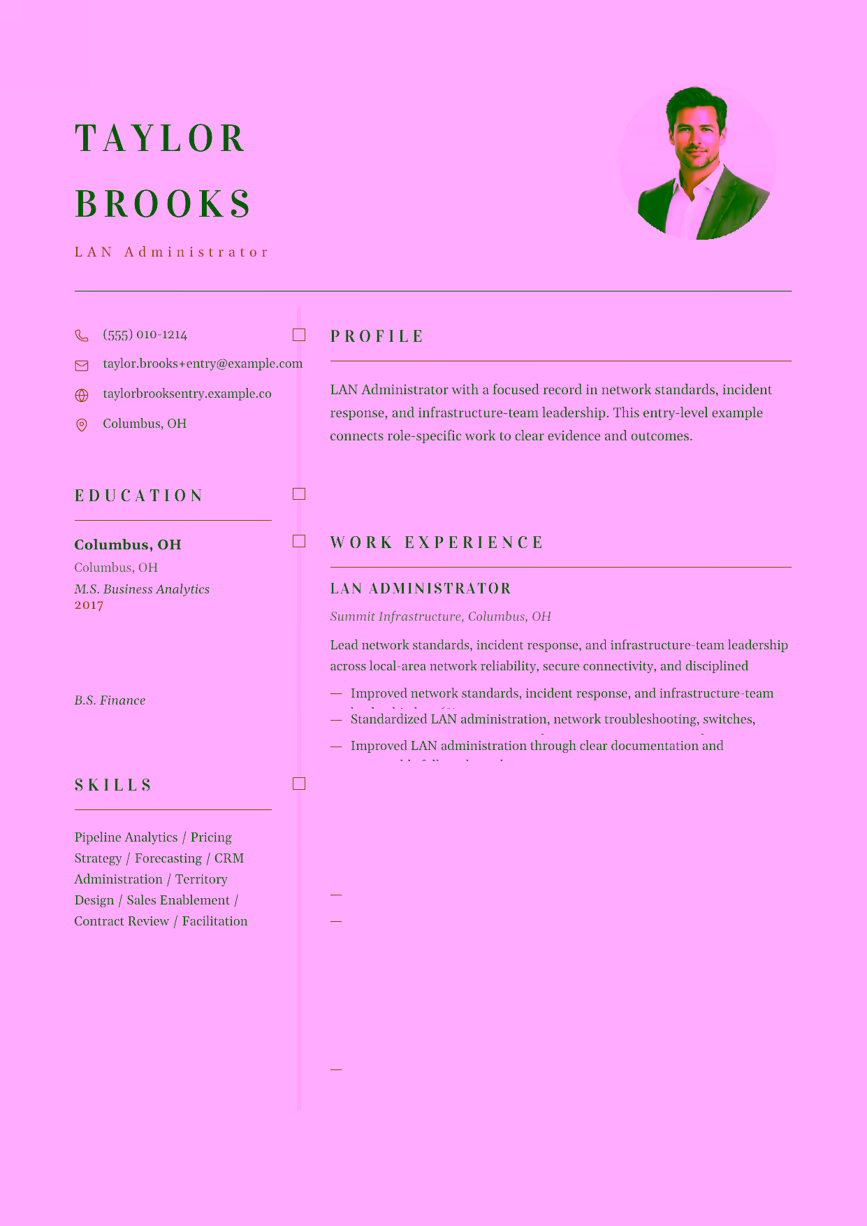 Entry-level LAN Administrator resume example in the Draco template focused on LAN support, switch configuration, and reliable user connectivity.