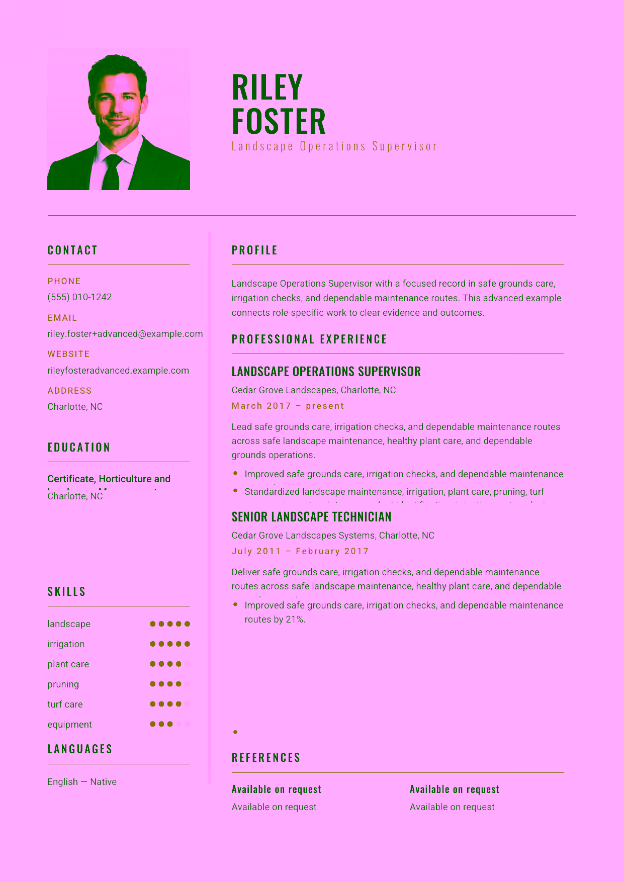 Advanced Landscape Operations Supervisor resume example in the Acamar template focused on landscape operations, client standards, and crew leadership.