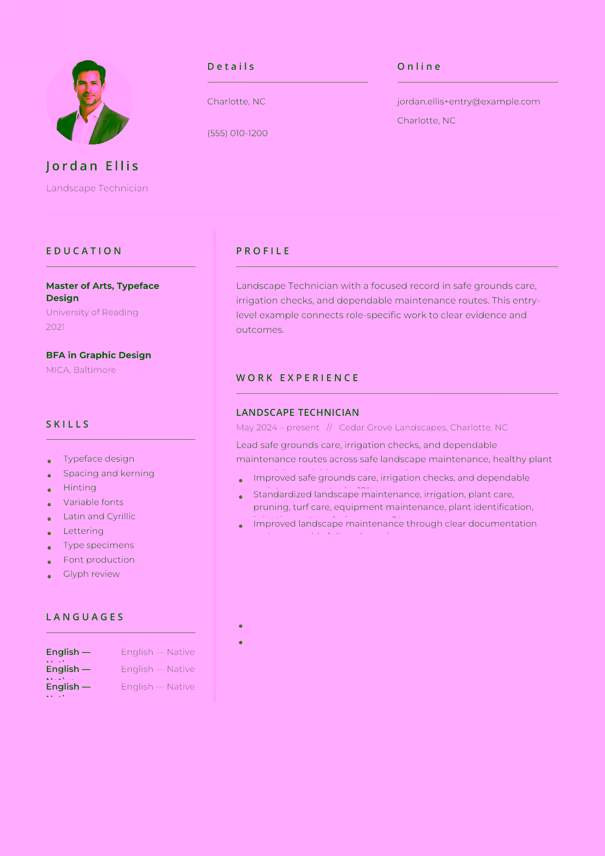 Entry-level Landscape Technician resume example in the Pictor template focused on safe grounds care, irrigation checks, and dependable maintenance routes.