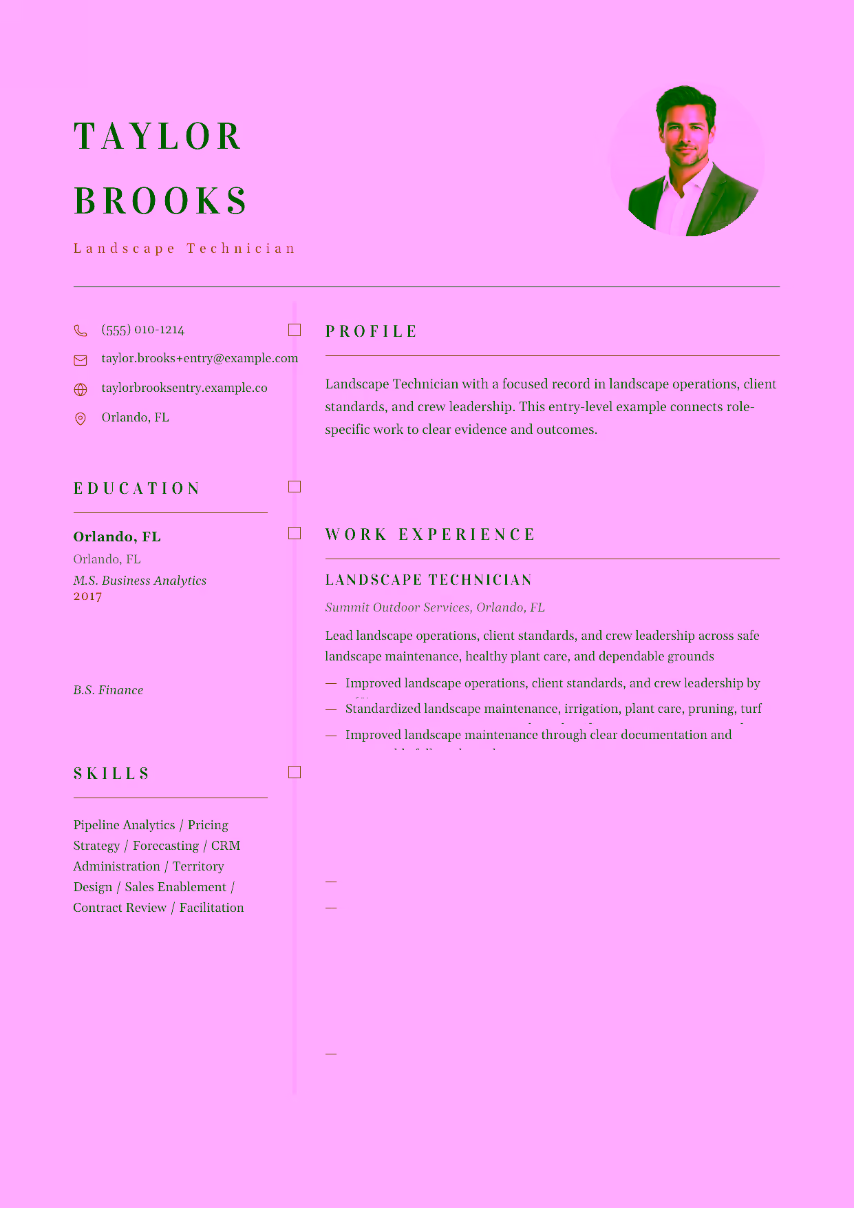 Entry-level Landscape Technician resume example in the Draco template focused on safe grounds care, irrigation checks, and dependable maintenance routes.
