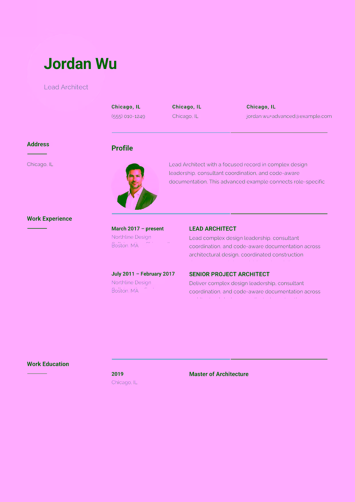 Advanced Design Director resume example in the Pavo template focused on design strategy, client direction, and architecture-team leadership.