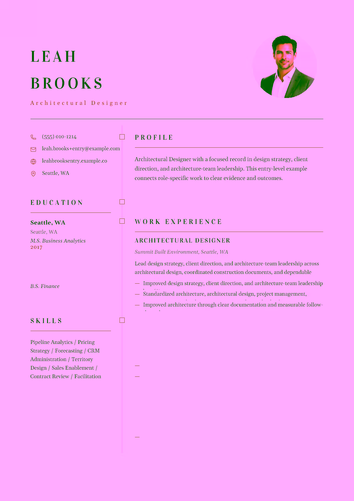 Entry-level Lead Architect resume example in the Draco template focused on clear architectural concepts, coordinated drawings, and dependable project delivery.