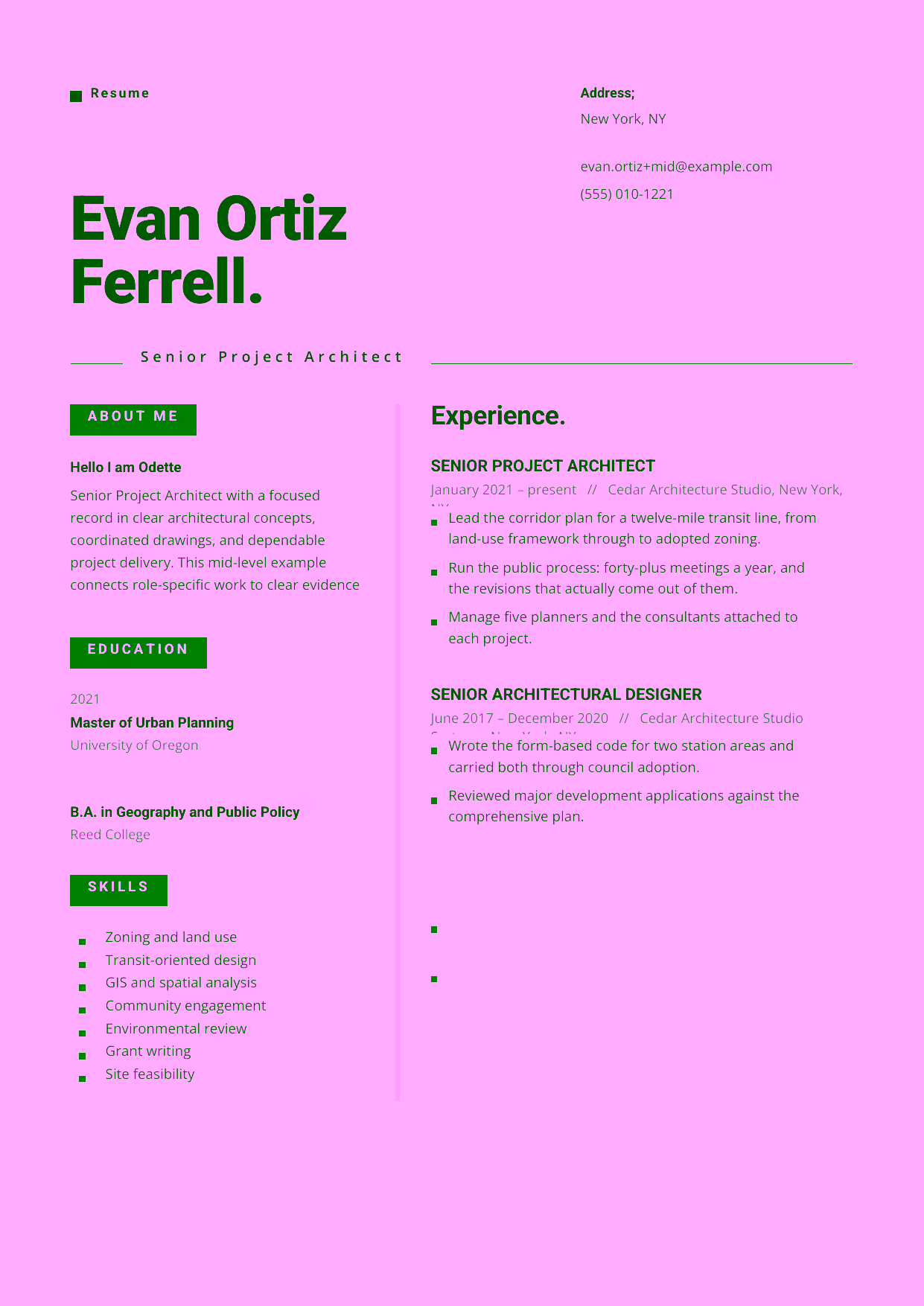 Mid-level Senior Project Architect resume example in the Indus template focused on complex design leadership, consultant coordination, and code-aware documentation.