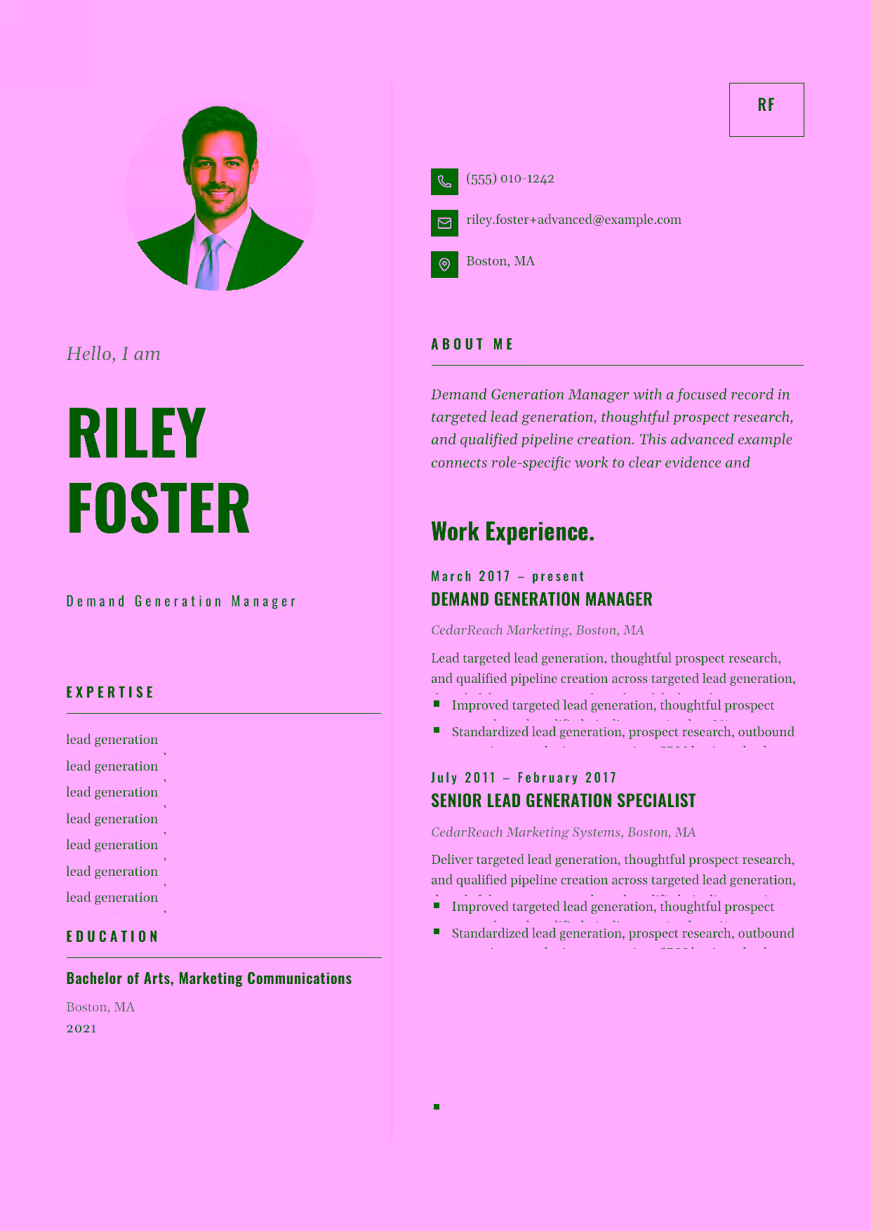 Advanced Demand Generation Manager resume example in the Equuleus template focused on conversion-rate improvement, channel strategy, and demand-generation leadership.
