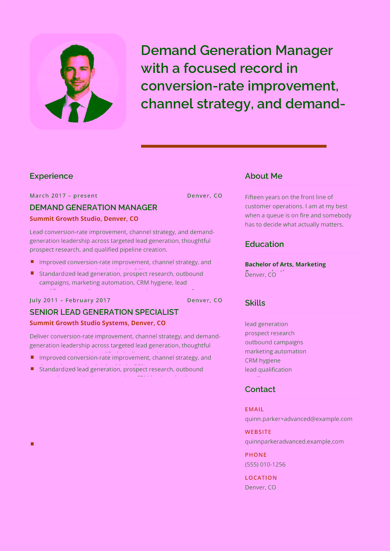 Advanced Demand Generation Manager resume example in the Andromeda template focused on conversion-rate improvement, channel strategy, and demand-generation leadership.