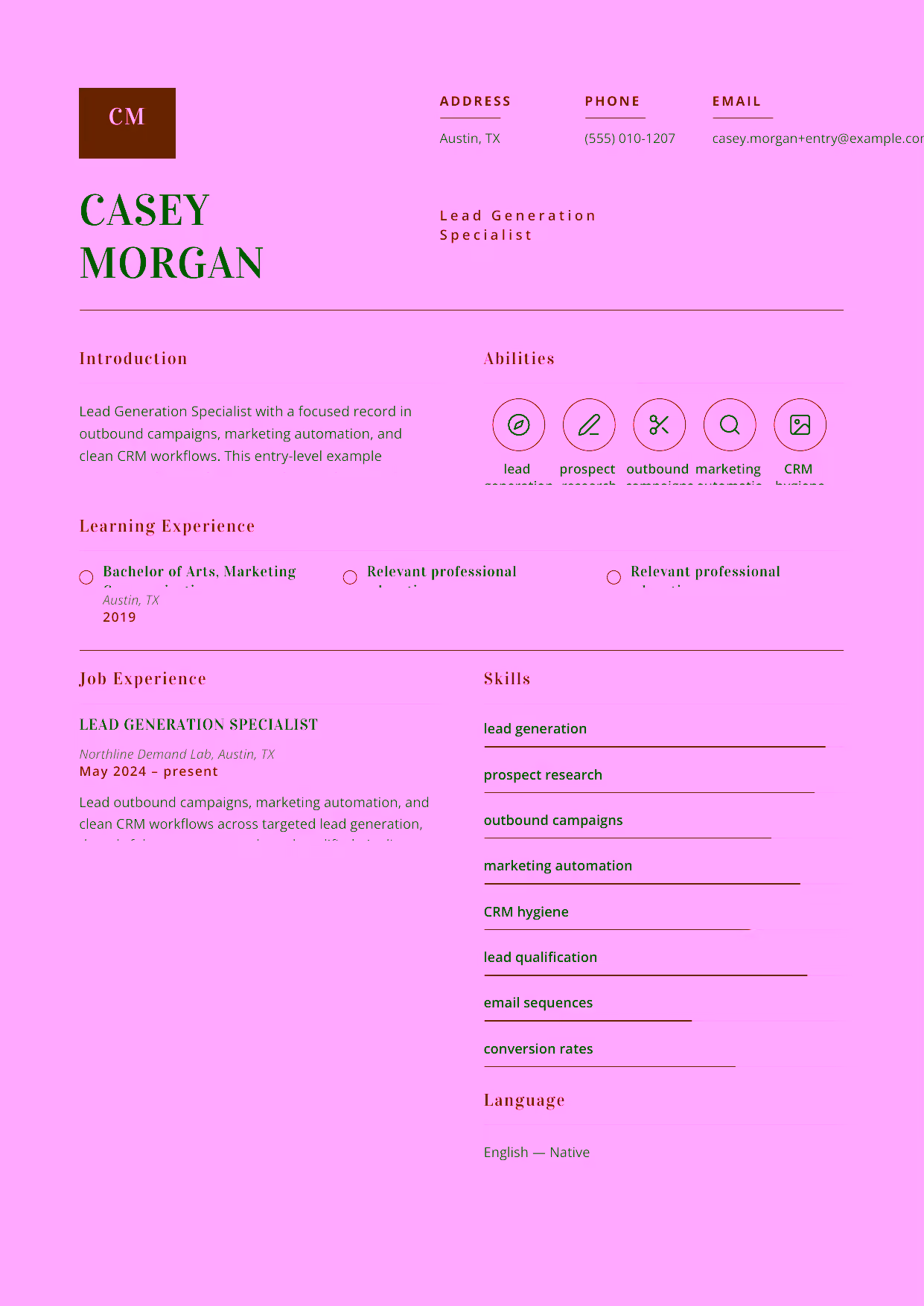 Entry-level Lead Generation Specialist resume example in the Delphinus template focused on targeted lead generation, thoughtful prospect research, and qualified pipeline creation.