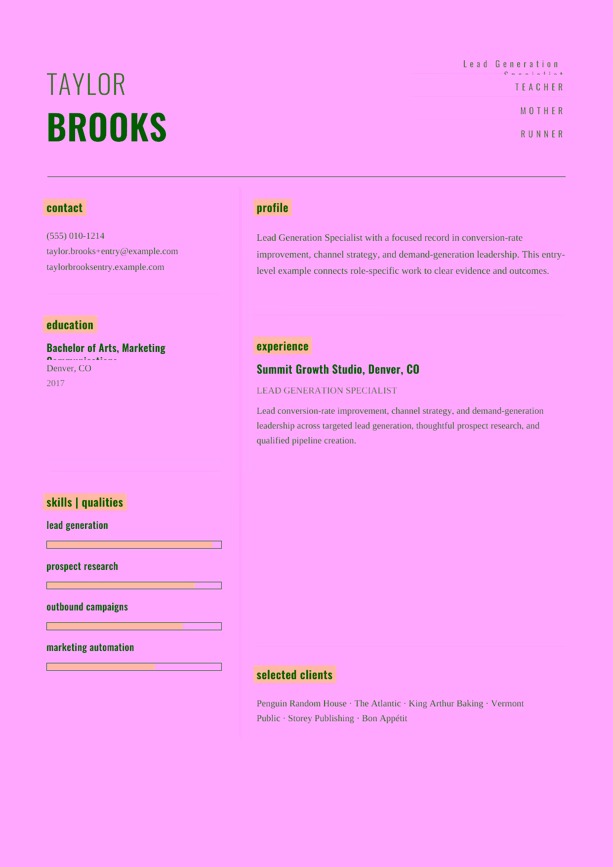 Entry-level Lead Generation Specialist resume example in the Dorado template focused on targeted lead generation, thoughtful prospect research, and qualified pipeline creation.