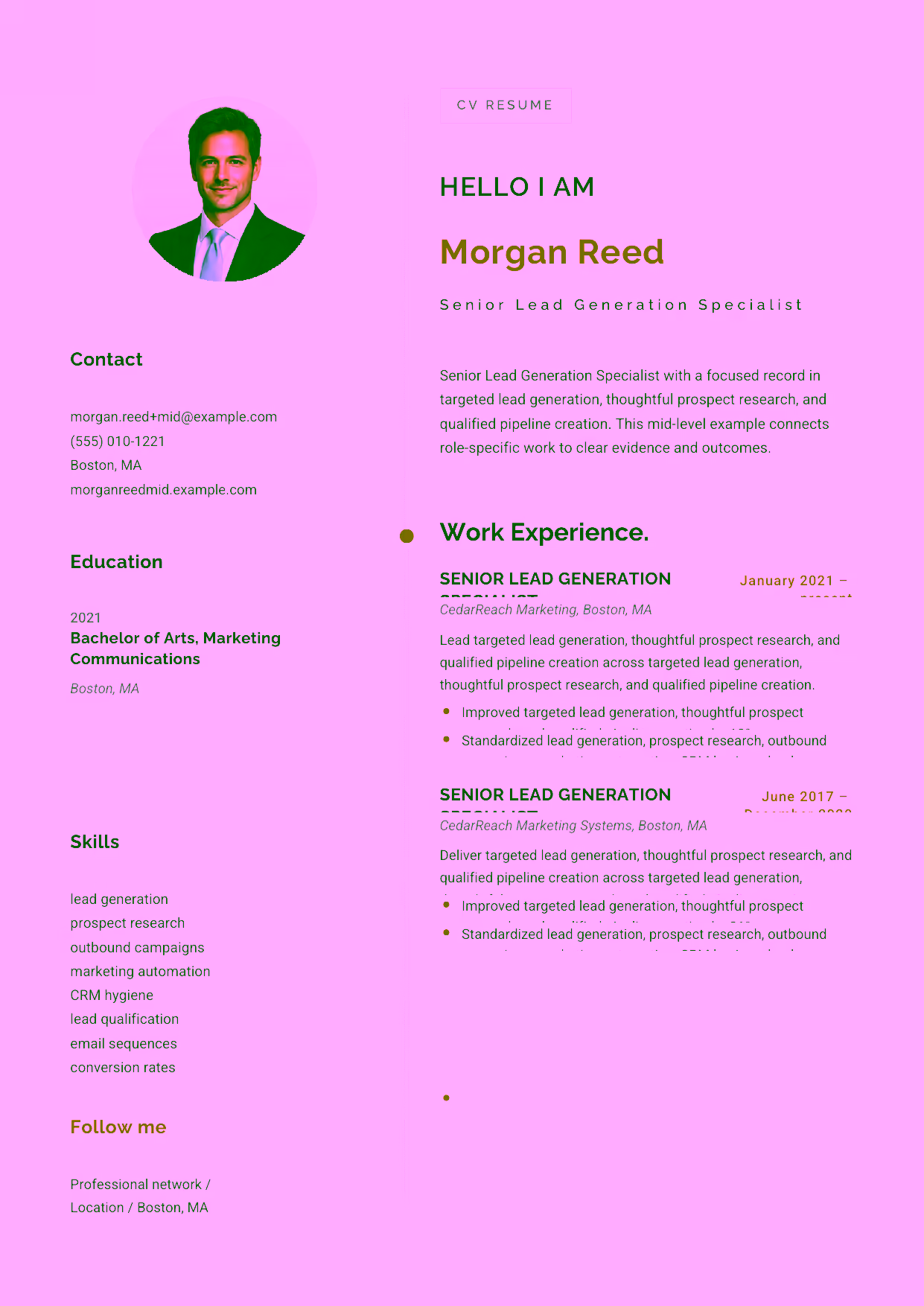 Mid-level Senior Lead Generation Specialist resume example in the Eridanus template focused on outbound campaigns, marketing automation, and clean CRM workflows.