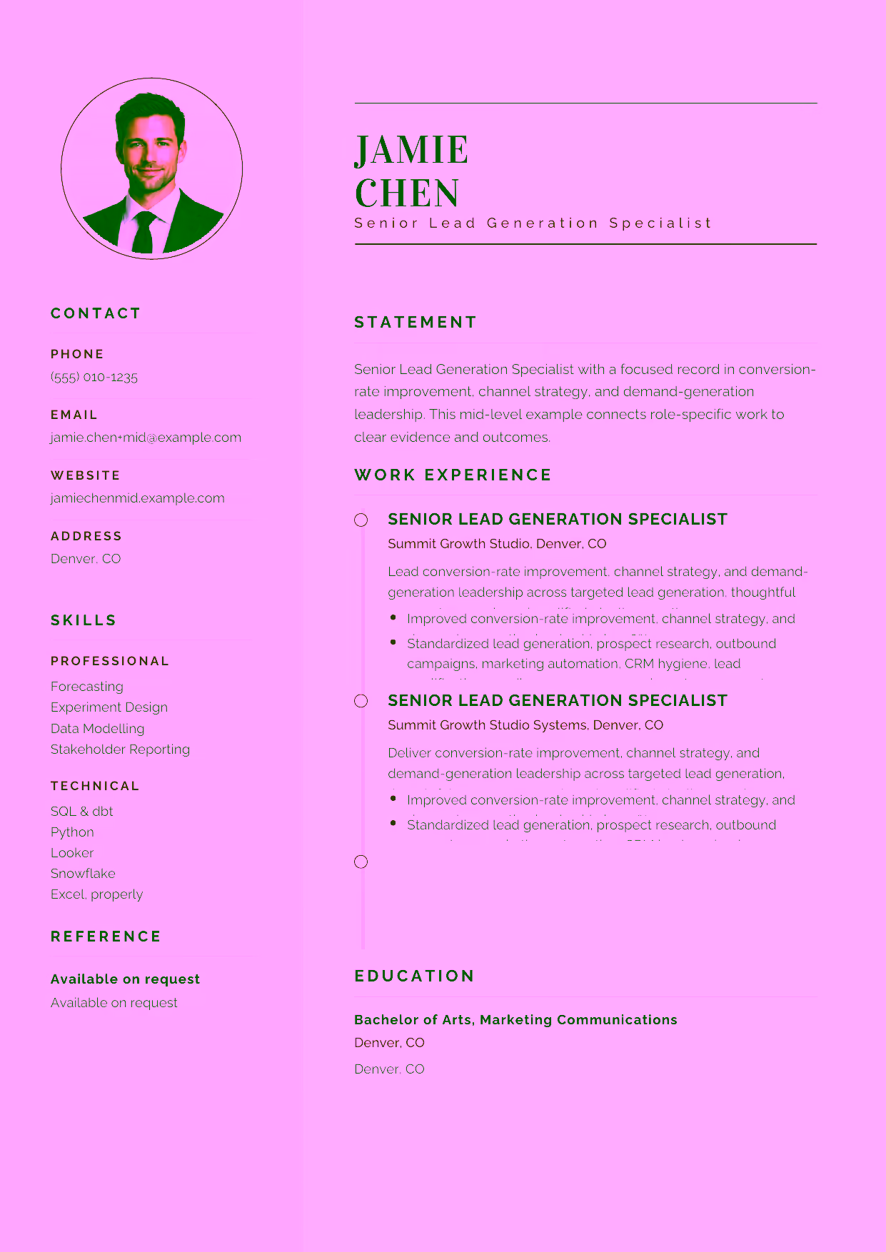 Mid-level Senior Lead Generation Specialist resume example in the Cetus template focused on outbound campaigns, marketing automation, and clean CRM workflows.