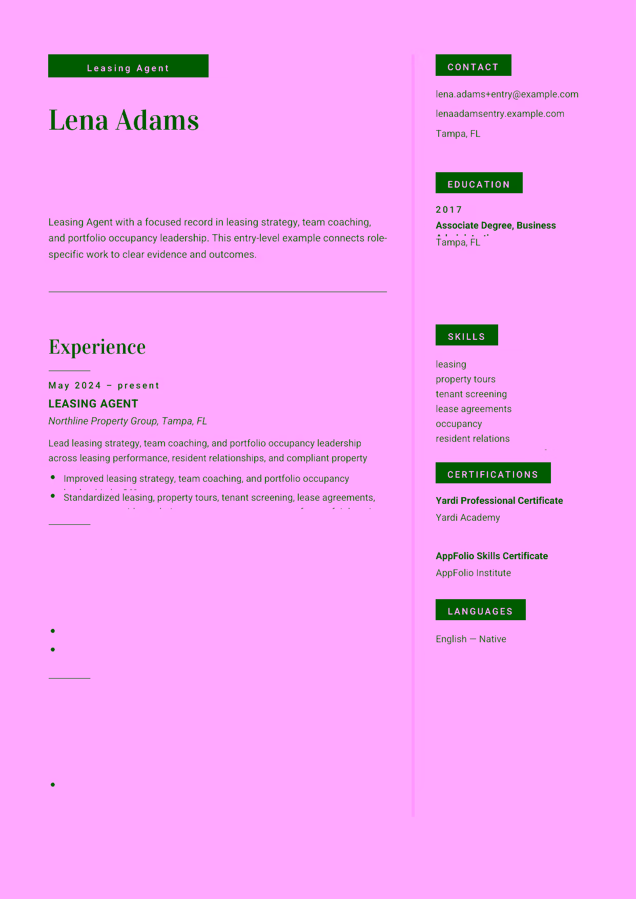 Entry-level Leasing Agent resume example in the Aquila template focused on property tours, qualified leads, and accurate lease paperwork.
